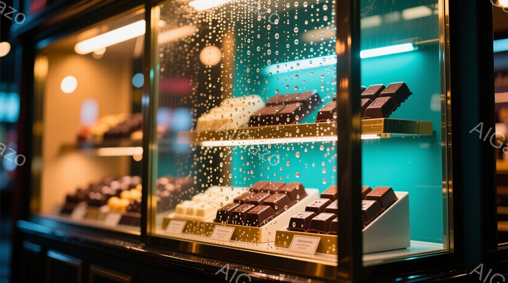 ショーケースの中には様々なチョコレートが整然と並べられています。雨粒で覆われたガラスを通して、茶色や白のチョコレートの美しい色彩が際立っています。ショーケース内部は暖色系の照明で照らされ、チョコレート - AI生成フリー素材