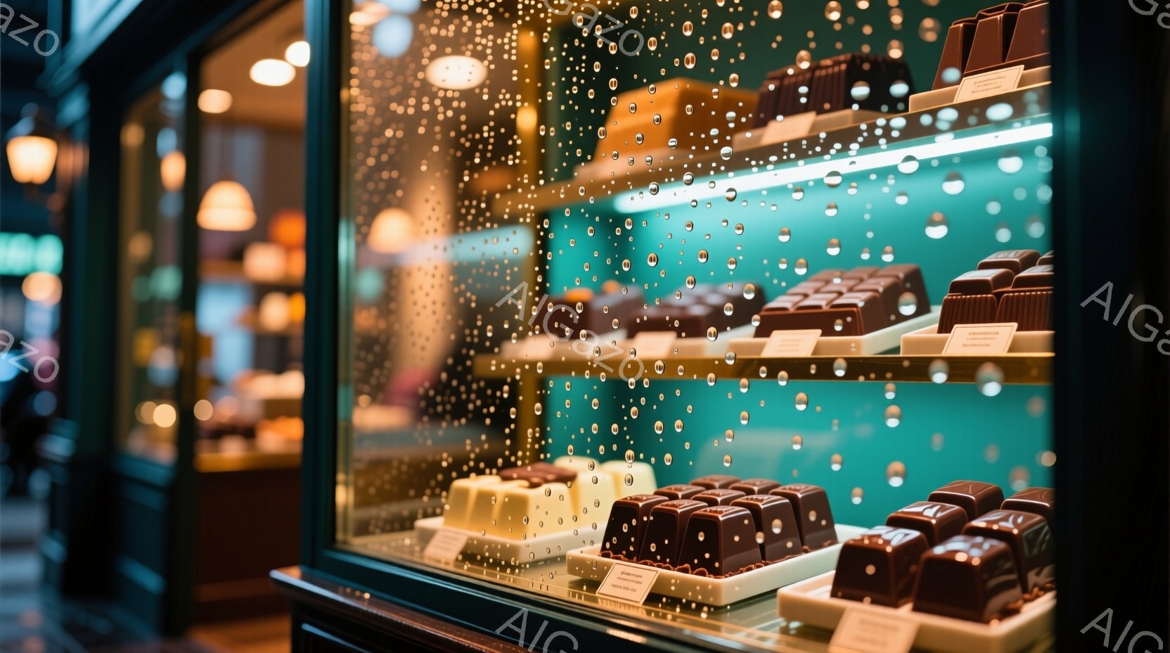 ショーケースの中に、様々なチョコレートが整然と並べられています。チョコレートは白、ミルク、ダークチョコレートと色味が異なり、それぞれ小さなラベルが添えられています。背景にはぼんやりと暖色の光が灯り、ショーケースのガラスには雨粒が点在し、落ち着いた甘い雰囲気を醸し出しています。