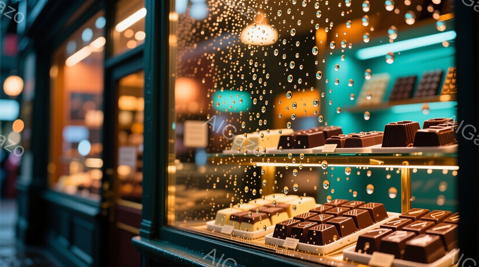 ショーケースの中に整然と並んだチョコレートが印象的な写真です。様々な種類のチョコレートが、黄金色の光に照らされ、宝石のように輝いています。外は雨が降っており、ガラス面に雨粒が付着し、暖かく甘いチョコレートの雰囲気をより一層引き立てています。