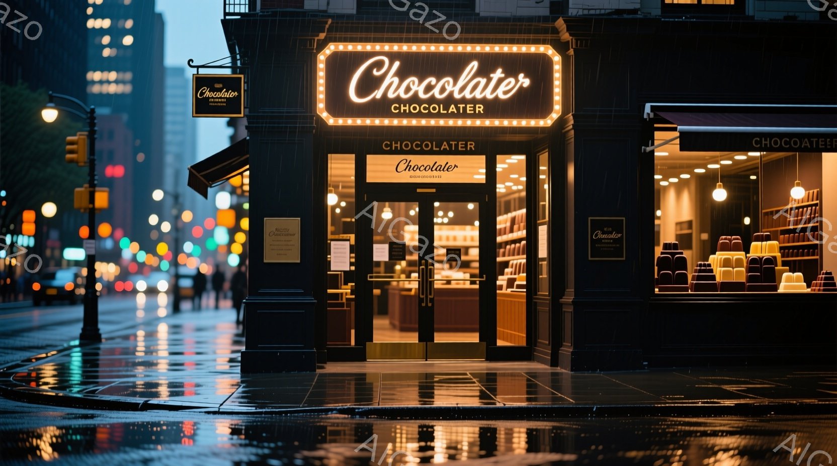 夜の街並みに、チョコレート専門店「Chocolater」が光を放っている。雨上がりの濡れた路面に街灯や店の光が反射し、温かみのある雰囲気を醸し出している。 店内には整然と並べられたチョコレートが陳列され、その輝きが誘いをかけている。