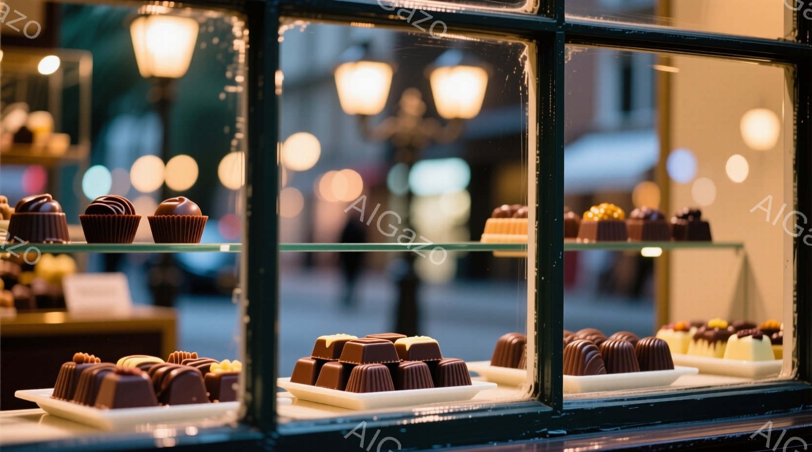 ショーケースの中に、様々なチョコレート菓子が整然と並べられています。背景にはぼやけた街並みと、暖色系の光を放つ街灯が見え、ショーケースのガラスに光が反射しています。全体的に暖かく、甘い香りが漂うような、魅力的な雰囲気です。