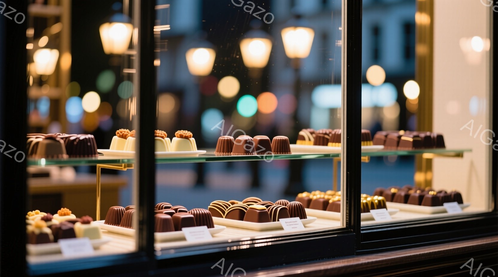 ショーケースの中に、様々なチョコレート菓子が整然と並べられています。背景には、ぼやけた街灯やビルの光が映り込み、夜の賑やかな雰囲気を醸し出しています。チョコレートの美しい色合いと光のコントラストが、高級感と美味しさを感じさせます。