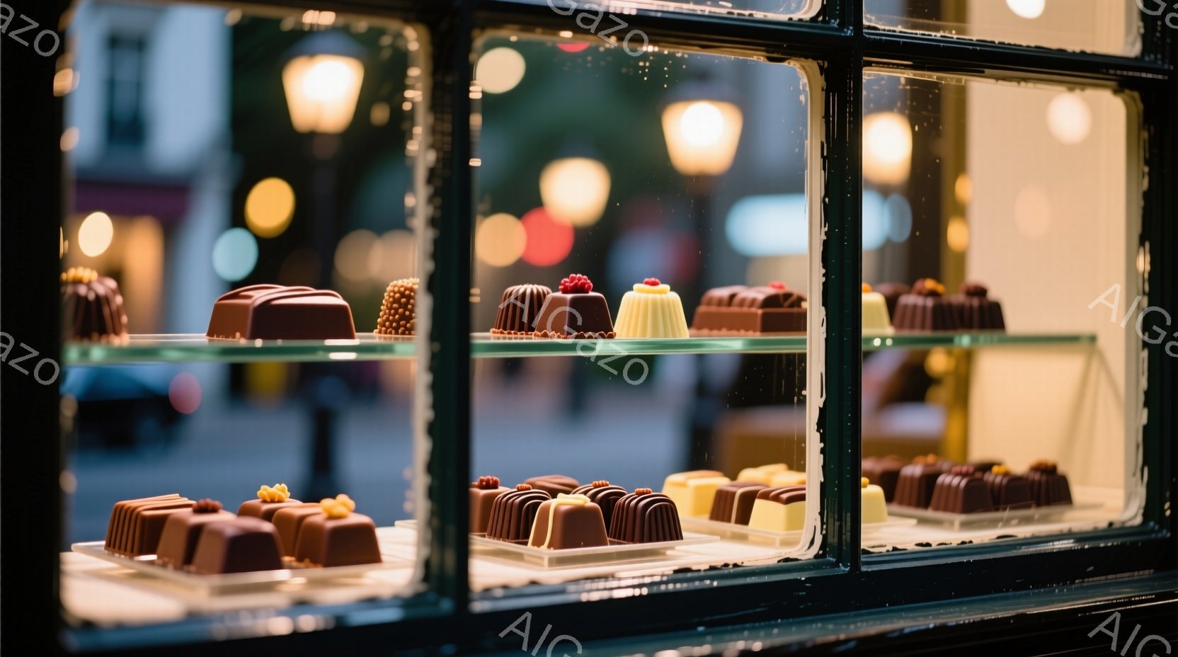 ショーケースの中には、様々なチョコレート菓子が整然と並べられています。チョコレートは、茶色、白、そしてベリーの赤色が美しく、繊細な装飾が施されています。ショーケースの外にはぼやけた街並みが広がり、夜の雰囲気を醸し出しています。