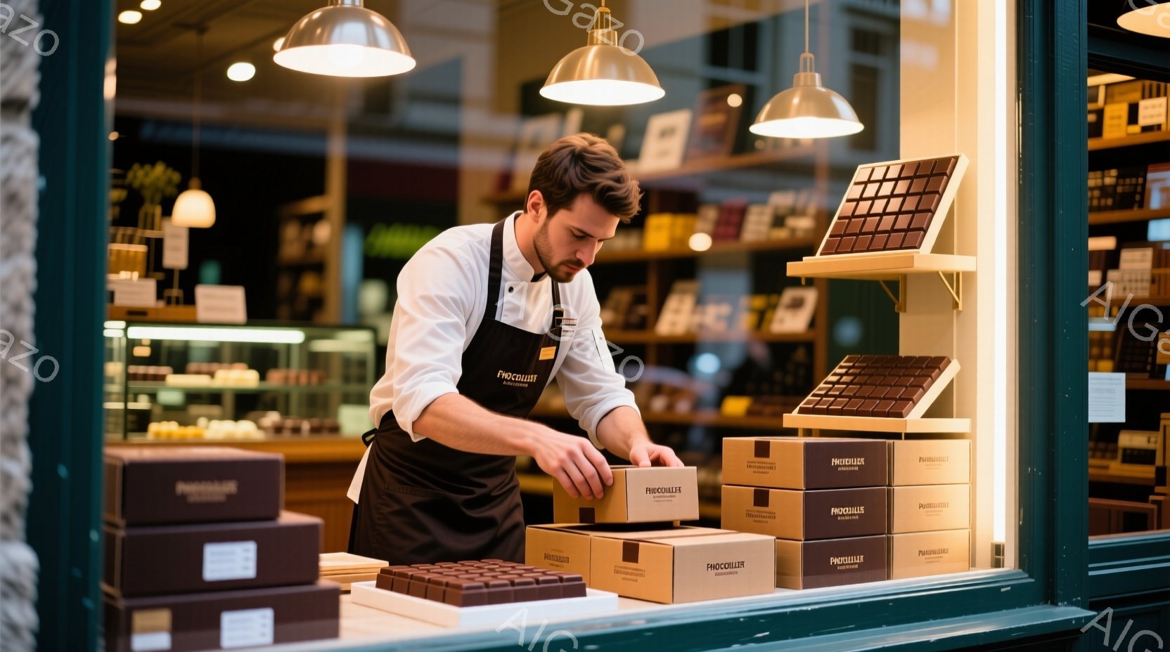 ショコラティエが、チョコレートの箱を丁寧に並べています。彼は黒髪で、白いエプロンを身につけ、真剣な表情で作業に集中しています。背景には、チョコレートが積み重ねられた棚や、ぼんやりとした街並みが見え、暖かく落ち着いた雰囲気です。