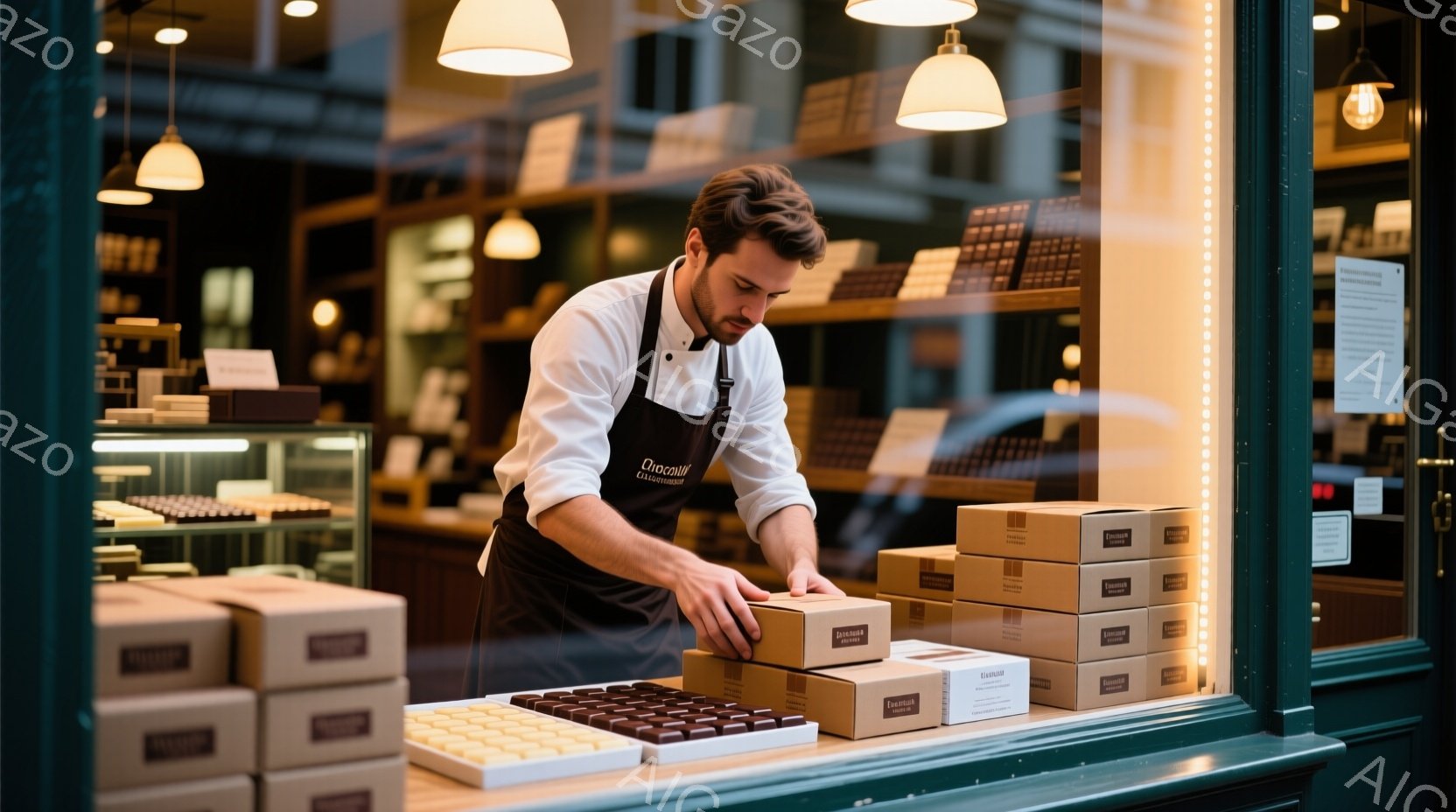 ショーウィンドウの奥で、エプロンを着た男性がチョコレートの箱を積み重ねています。彼は短髪で、真剣な表情で作業に集中しており、店内の照明が彼を照らしています。背景にはチョコレートが並び、暖色系の照明と木 - AI生成フリー素材