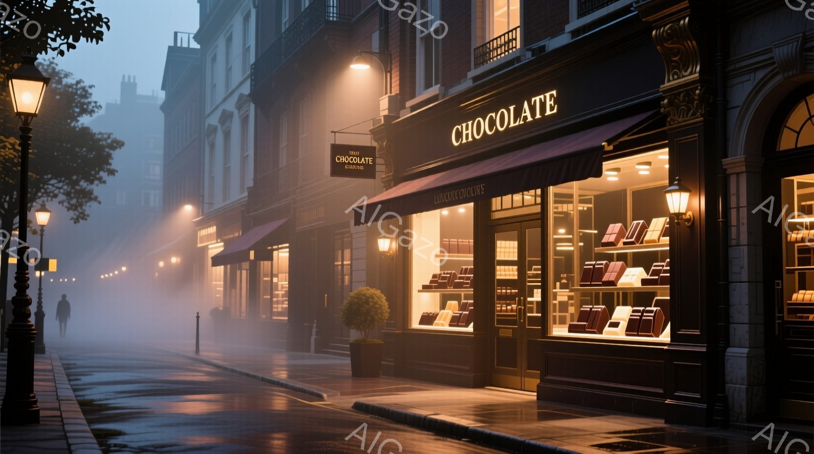 霧深い街並みに、チョコレート専門店が並ぶ様子が描かれている。石畳の道には水が濡れて光り、建物は暖色の照明で照らされている。遠くには人影が見え、静かで幻想的な雰囲気を醸し出している。