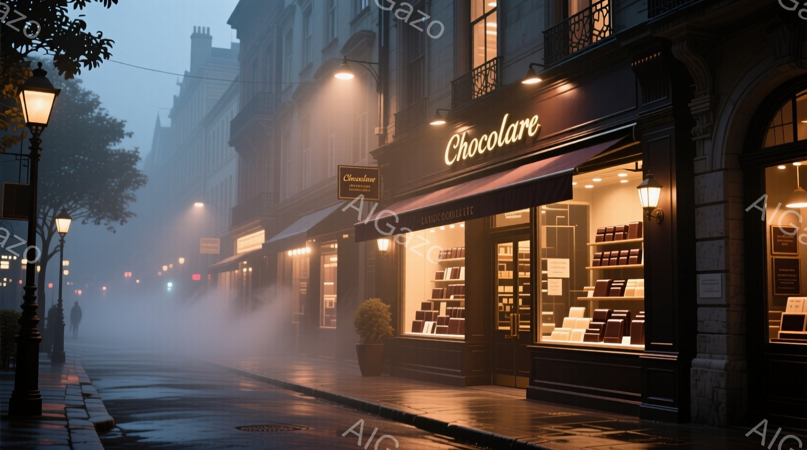 霧深い夜の街並みが描かれており、石畳の道には雨が降った跡が見える。ショーウィンドウに整然と並べられたチョコレートが暖かく光を放ち、その手前には小さな観葉植物が置かれている。遠くにはぼんやりとした街灯が - AI生成フリー素材