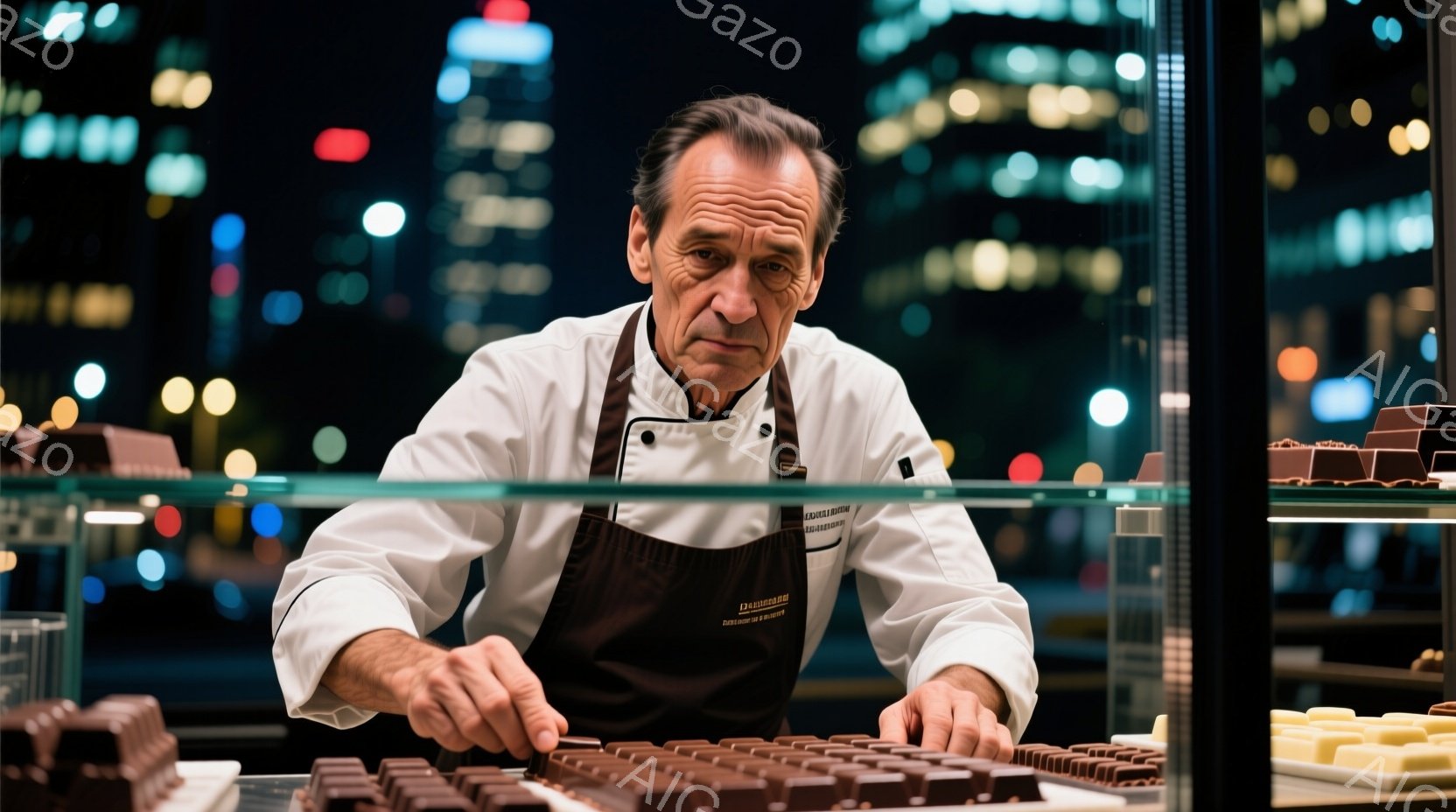 白いコックコートと黒いエプロンを身につけた男性が、整然と並べられたチョコレートを前にかがんで見つめている。彼の表情は真剣で、熟練した職人技が感じられる。背景には夜景が広がり、高層ビル群がぼんやりと光っている様子から、高級感のあるチョコレートショップの内部であることがわかる。
