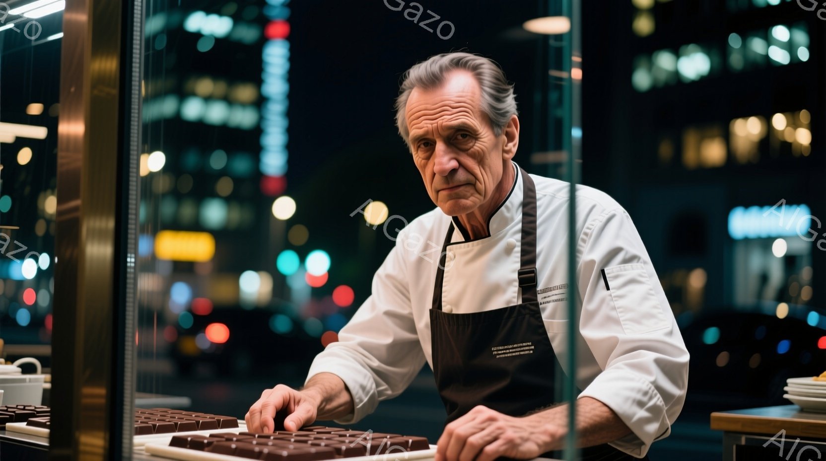 白いコックコートと黒いエプロンを身につけた男性が、整然と並べられたチョコレートの塊を見つめている。彼は少し緊張した表情で、手でチョコレートを調整しているようだ。背景には夜景が広がり、街の光がぼんやりと見えることから、都会の夜に位置する菓子店の内部であることがわかる。