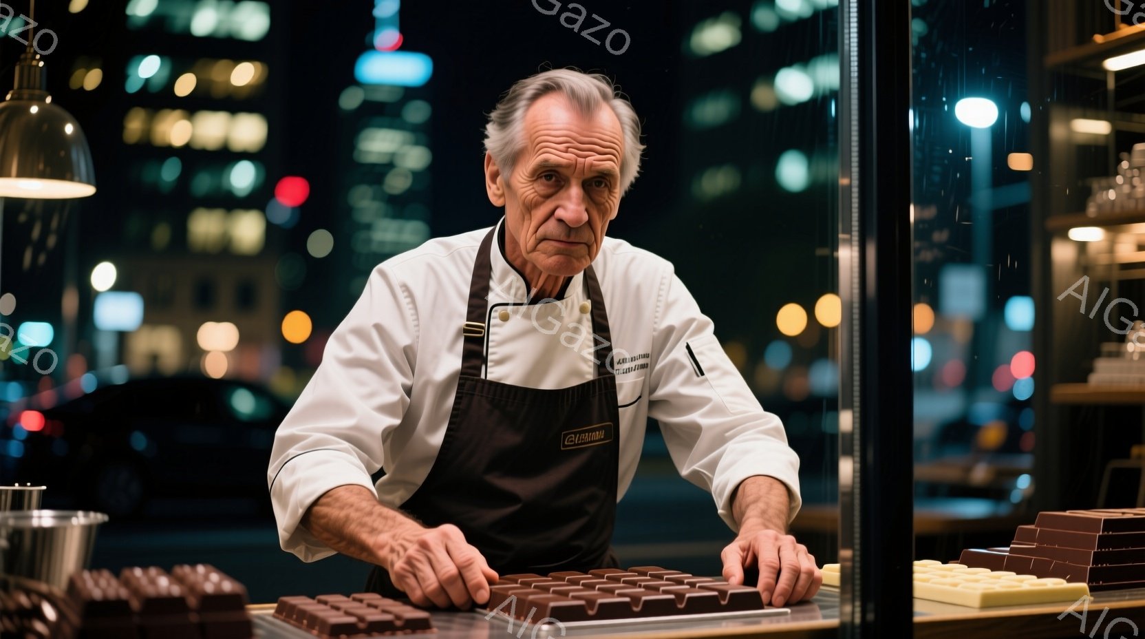 白いコックコートと黒いエプロンを身につけた年配の男性が、ガラスケースの中でチョコレートを整列させている。彼の表情は真剣で、熟練した職人技が感じられる。背景には夜景が広がり、街の灯りがぼんやりと見えるこ - AI生成フリー素材