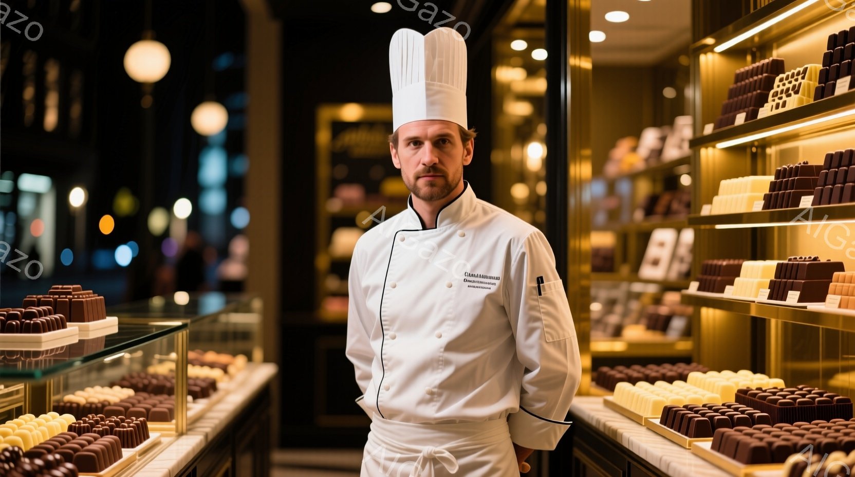 白いコックコートと帽子を身につけた男性が、ショーケースに並んだチョコレートの前で立っている。彼の表情は穏やかで、少し微笑んでいるように見える。背景には、様々な種類のチョコレートが整然と並んだショーケー - AI生成フリー素材