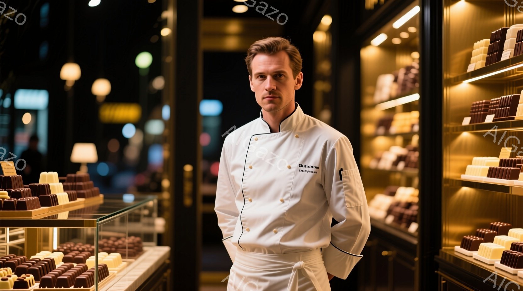 白い制服を着た男性が、チョコレートが並んだショーケースの前で立っている。彼は髪を短く整え、やや真剣な表情で正面を見つめている。背景は暖色の照明で照らされた店内であり、高級感と落ち着いた雰囲気を醸し出し - AI生成フリー素材