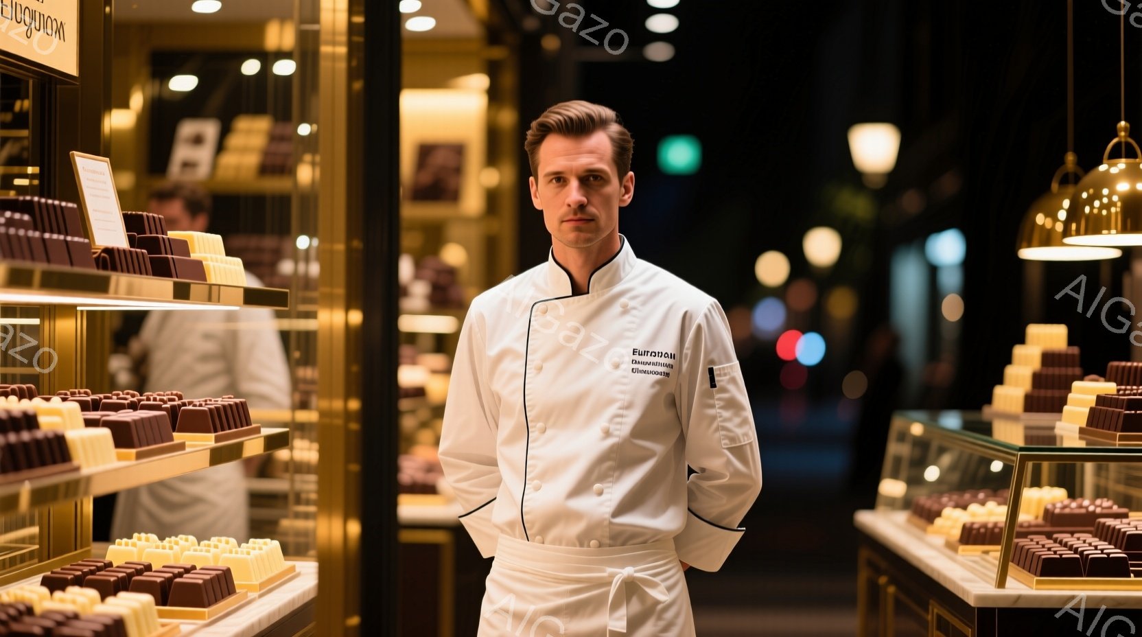 白いコックコートを着た男性が、整然と並んだチョコレートの前で立っている。彼は短髪で、表情は落ち着いており、少し微笑んでいるように見える。背景はショーケースと照明で彩られ、高級感のあるチョコレート店の雰 - AI生成フリー素材
