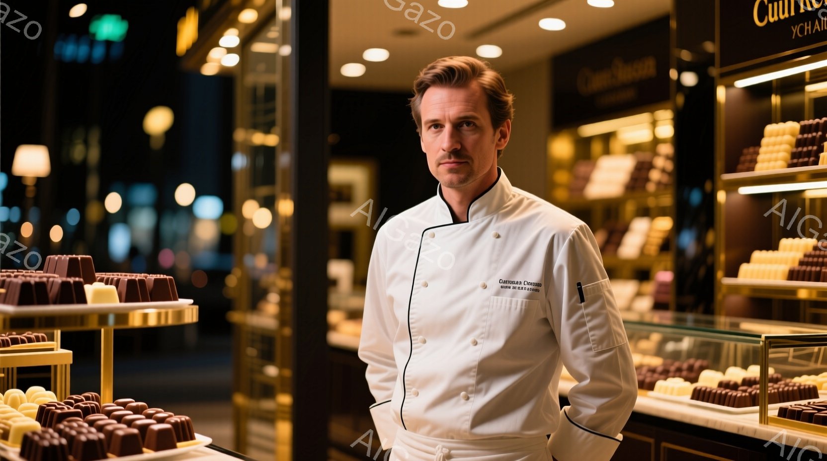 白いコックコートを着た男性が、チョコレートが並んだショーケースの前で立っている。彼は短髪で、表情はやや真剣で落ち着いている。背景は、高級感のあるチョコレート専門店で、ショーケースには様々な種類のチョコレートが綺麗に並べられており、全体的に洗練された雰囲気を醸し出している。