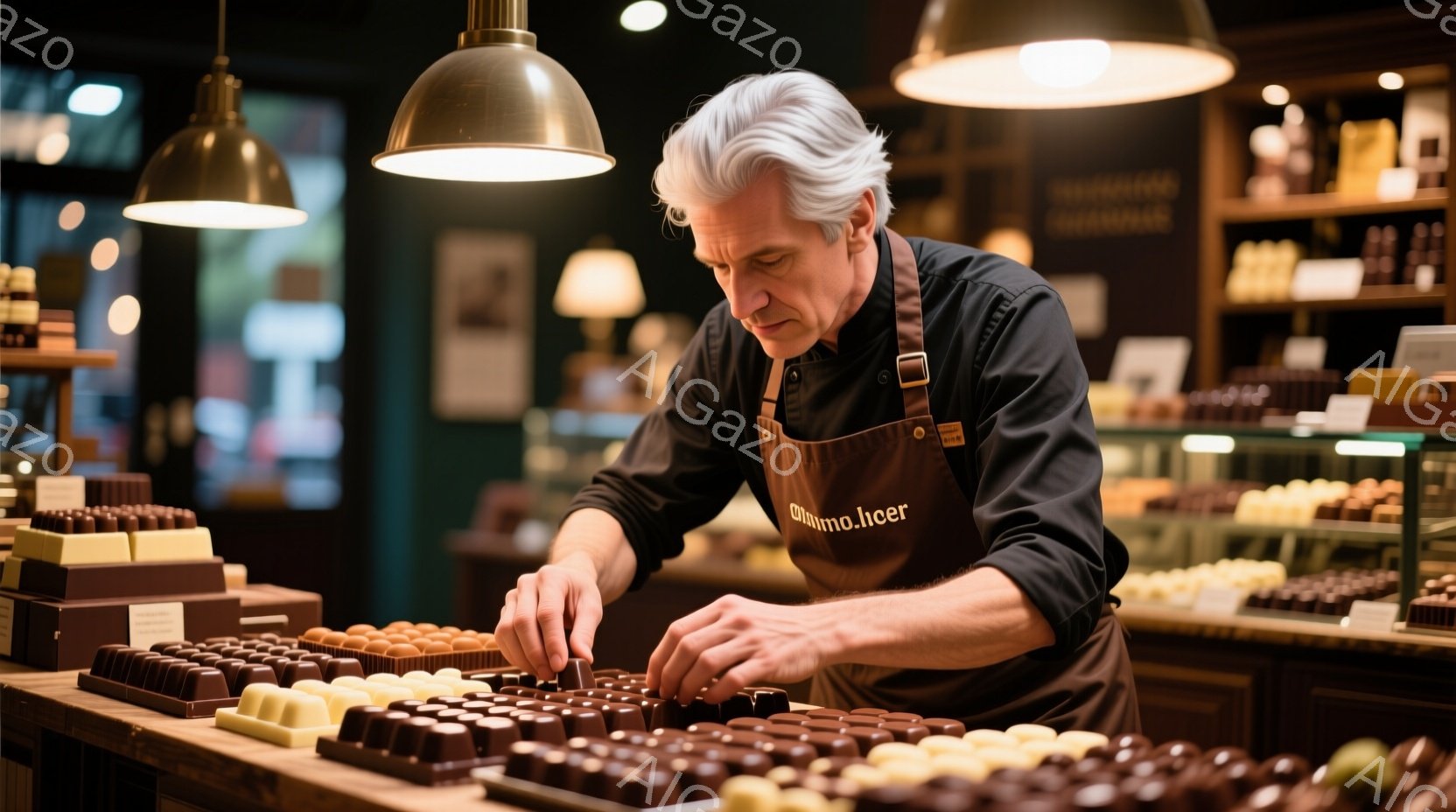 白髪交じりの男性がチョコレートのディスプレイに細心の注意を払って配置している。彼は黒いエプロンを着用し、集中した表情でチョコレートを選び、慎重に並べている。背景には、様々なチョコレートが並んだ棚がぼやけて見え、暖かく上品な雰囲気のチョコレート専門店であることがわかる。