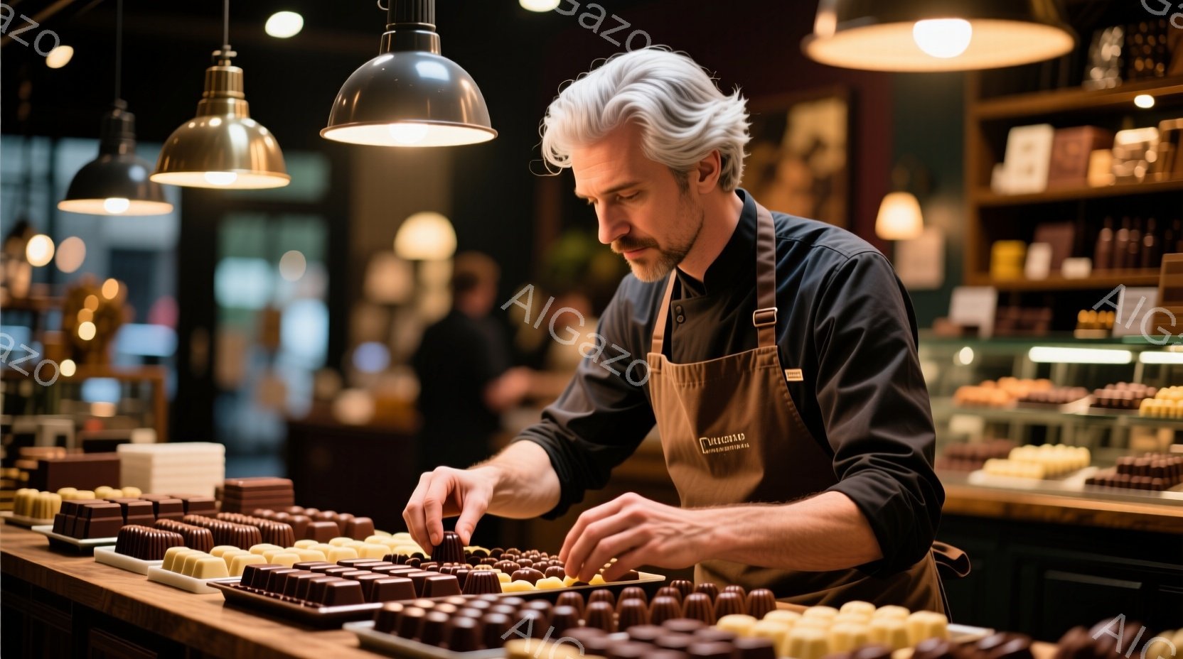ショコラティエと思われる男性が、整然と並べられたチョコレートの前に立ち、丁寧にチョコレートを配置している。彼はダークブラウンのエプロンを身につけ、グレーがかった髪と口髭を生やしている。背景には、様々なチョコレートが並んだショーケースと、ぼんやりと見える人々が見え、店内の温かく落ち着いた雰囲気が漂っている。