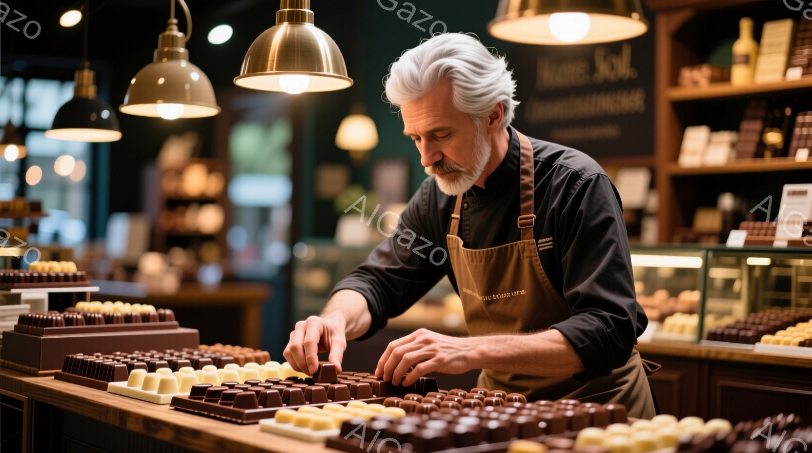 白髪の男性がチョコレートのショーケースの前で作業をしている。彼はエプロンを着用し、巧みにチョコレートを並べ、真剣な表情で作業に集中している。背景には様々な種類のチョコレートが並んだショーケースと、ぼんやりとした店舗の様子が見え、上品で洗練された雰囲気が漂っている。
