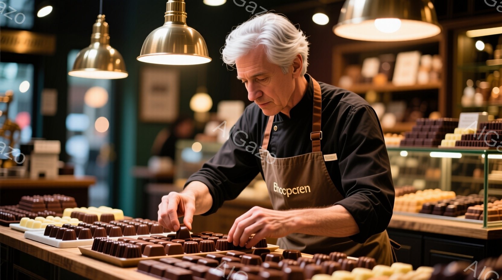 白髪の男性が、チョコレートの詰め合わせを丁寧に手作業で並べている様子が写っている。彼は黒いシャツに茶色のエプロンを着用し、集中した表情でチョコレートを扱っている。背景には、様々な種類のチョコレートが並んだショーケースがあり、暖色系の照明が上品な雰囲気を醸し出している。