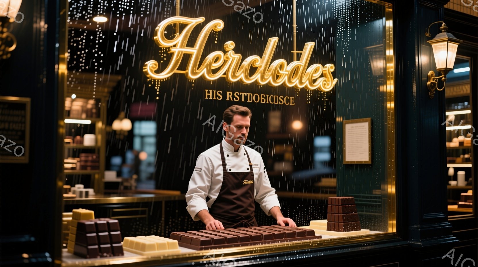 ショーケースに整然と並べられたチョコレートの前で、エプロン姿の男性が立っている。彼は短髪で、真剣な表情でチョコレートを眺めているように見える。背景には雨が降り、ショーケースのガラスに水滴が光り、店内の - AI生成フリー素材