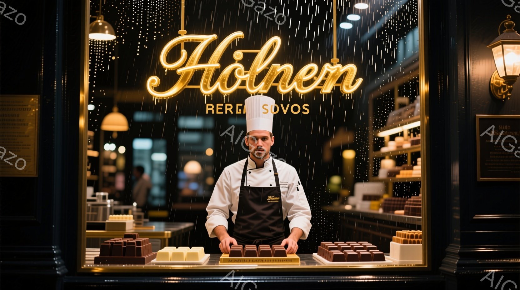 白いコックコートと帽子を身につけた男性が、ショーウィンドウの中で整然と並べられたチョコレートを背景に立っている。彼は正面を向き、穏やかな表情で、両手を組んで立っており、自信と落ち着きを感じさせる。外は - AI生成フリー素材
