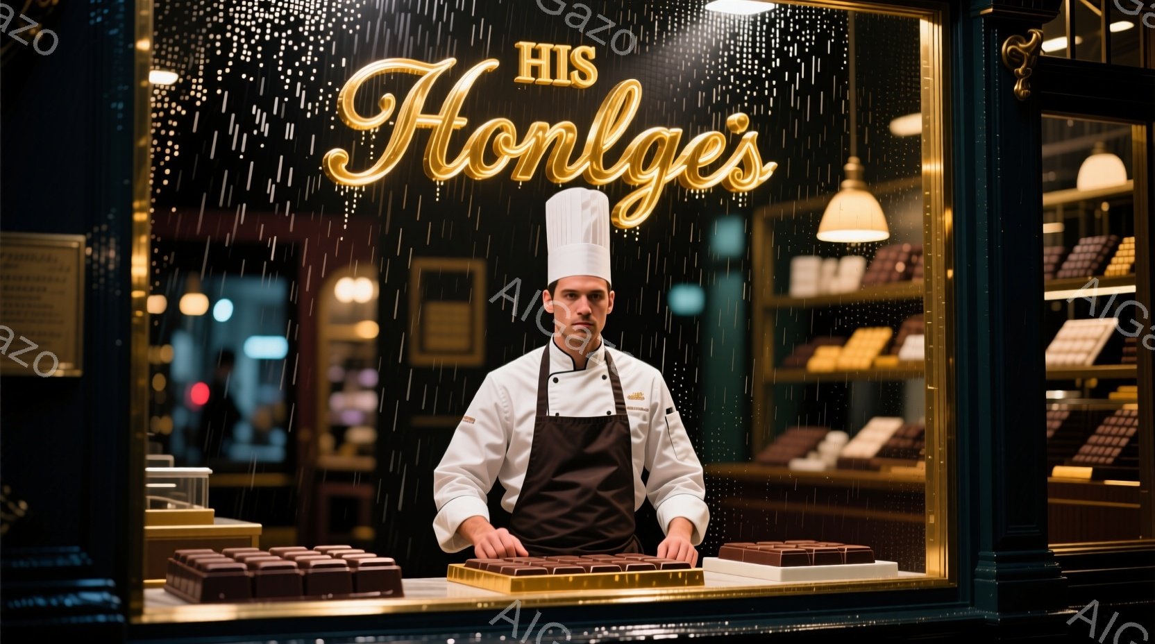 パティシエがショーウィンドウ越しにこちらを見ている。彼は白いコックコートと帽子を着用し、真剣な表情で姿勢良く立っている。背景にはチョコレートが並び、雨の夜の店の様子がうかがえる。