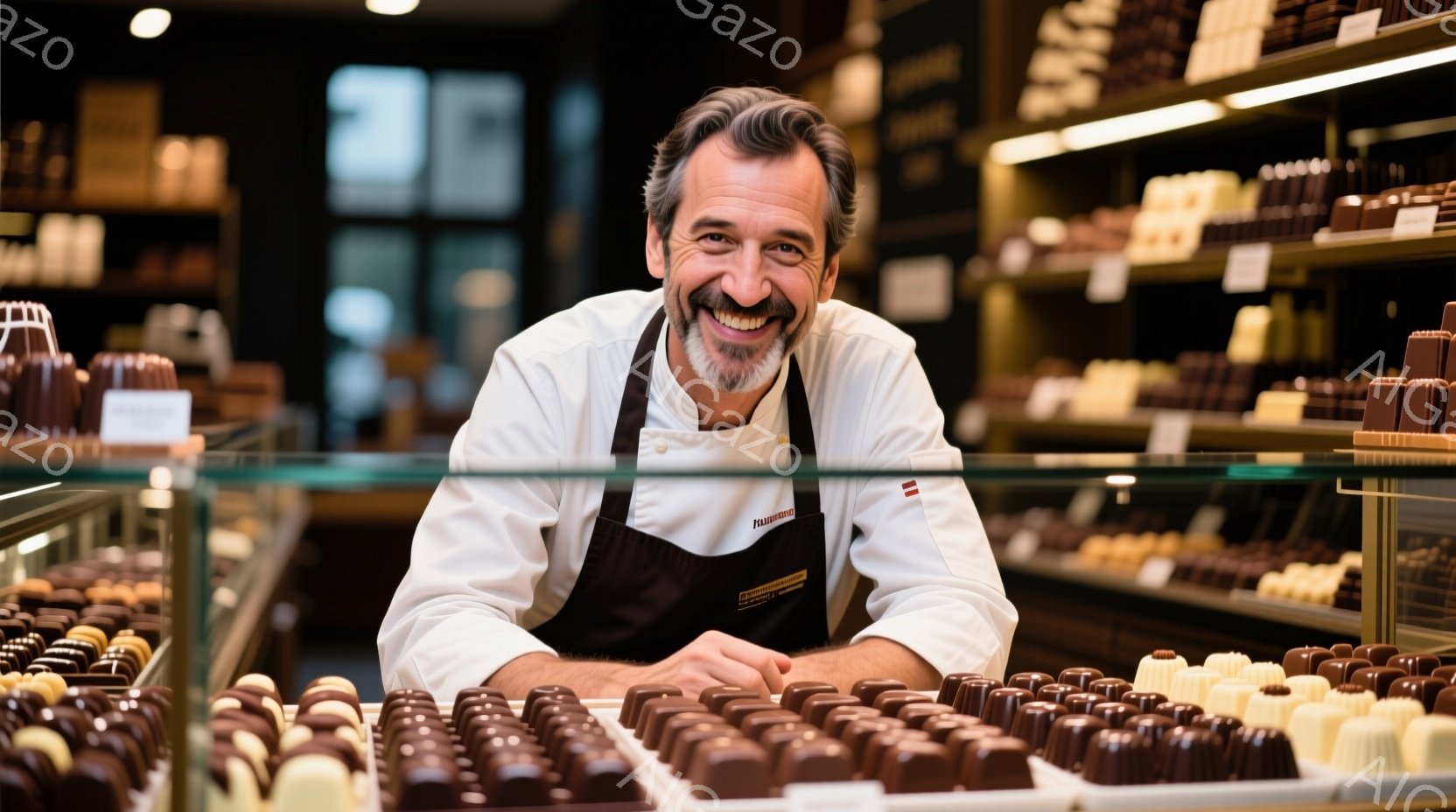 白い制服と黒いエプロンを身につけた男性が、チョコレートが並んだショーケースの前で微笑んでいます。彼は短く刈り込んだ髪と口ひげを持ち、顔には喜びと親しみやすさが表れています。背景はチョコレート専門店のような内装で、多くのチョコレートが並び、温かみのある雰囲気が漂っています。