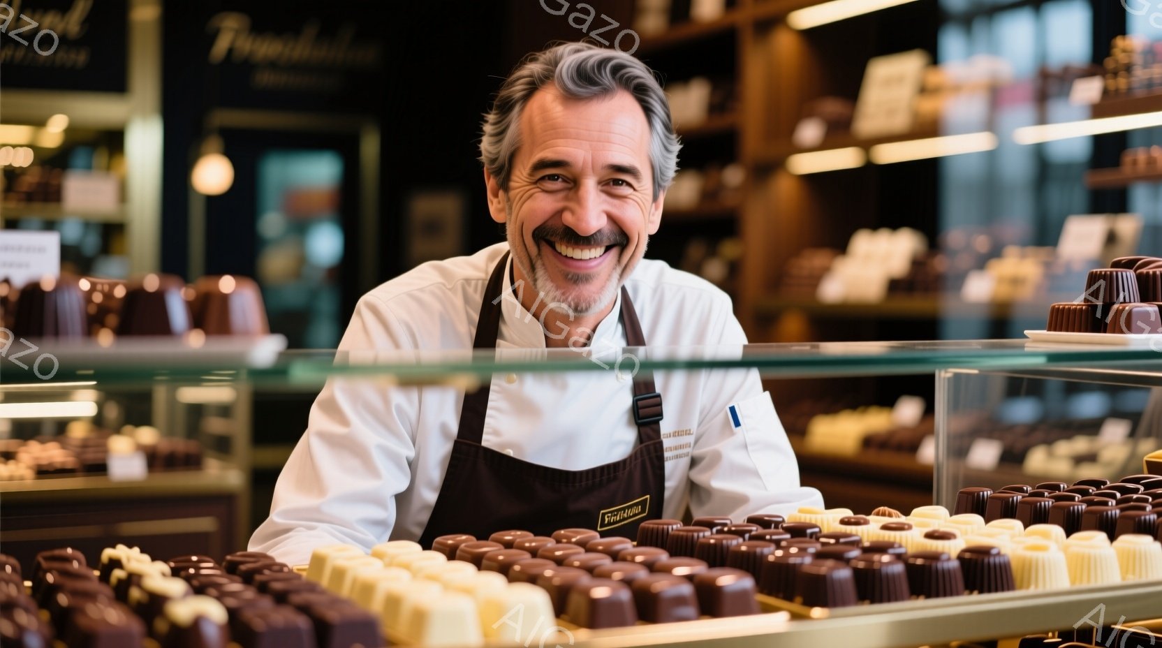 画像は、笑顔の男性がチョコレート店のカウンターに立っている様子を捉えています。彼は白いコックコートと黒いエプロンを着用し、少し白髪の髪型をしています。背景には様々な種類のチョコレートが並び、店内の明る - AI生成フリー素材