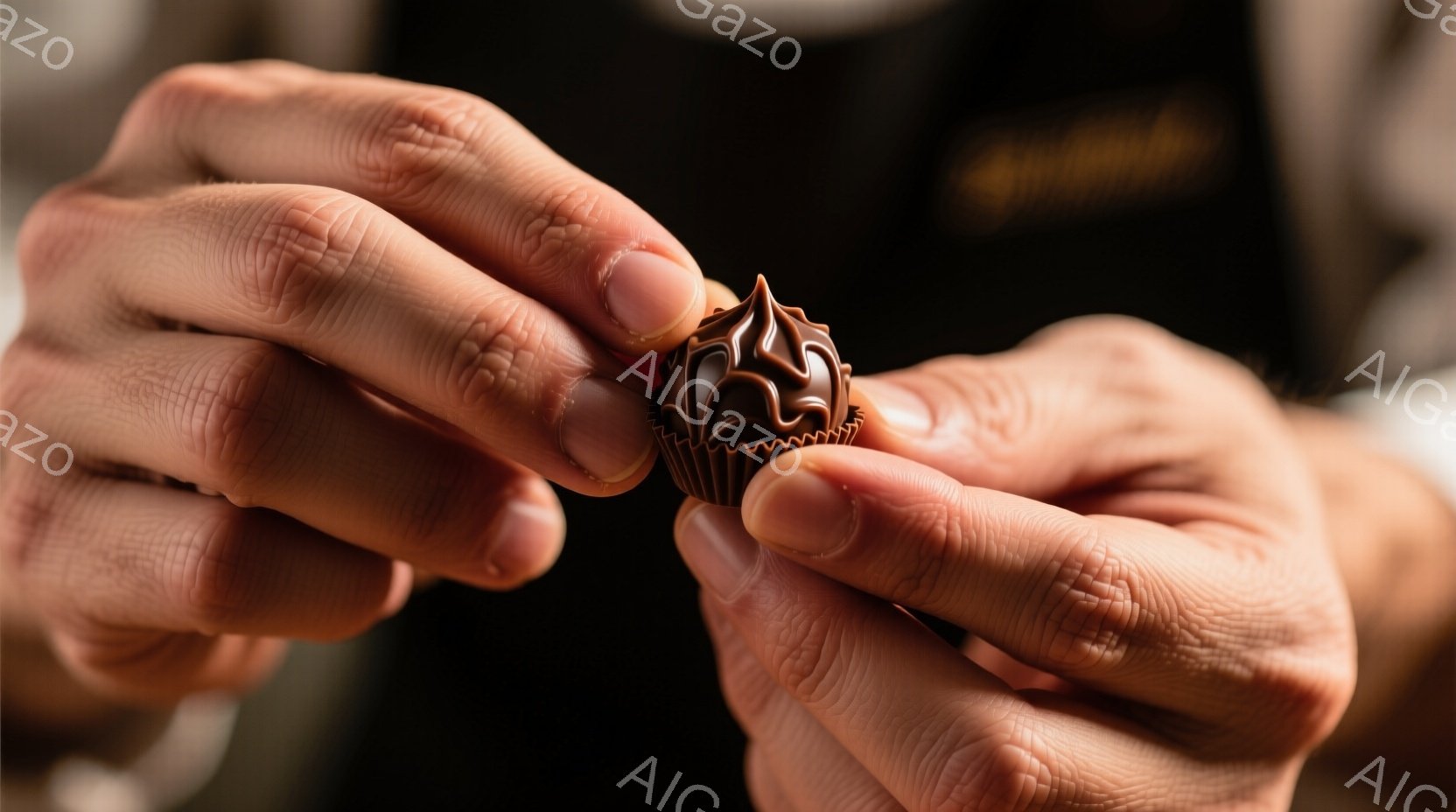 熟練した手つきで、茶色のトリュフチョコレートが紙製のカップに入った状態で捉えられています。背景には黒いエプロンを着た人物がわずかに見え、チョコレート作りの専門家であることを示唆しています。暖色系の照明とチョコレートの色合いが、高級感と落ち着いた雰囲気を醸し出しています。