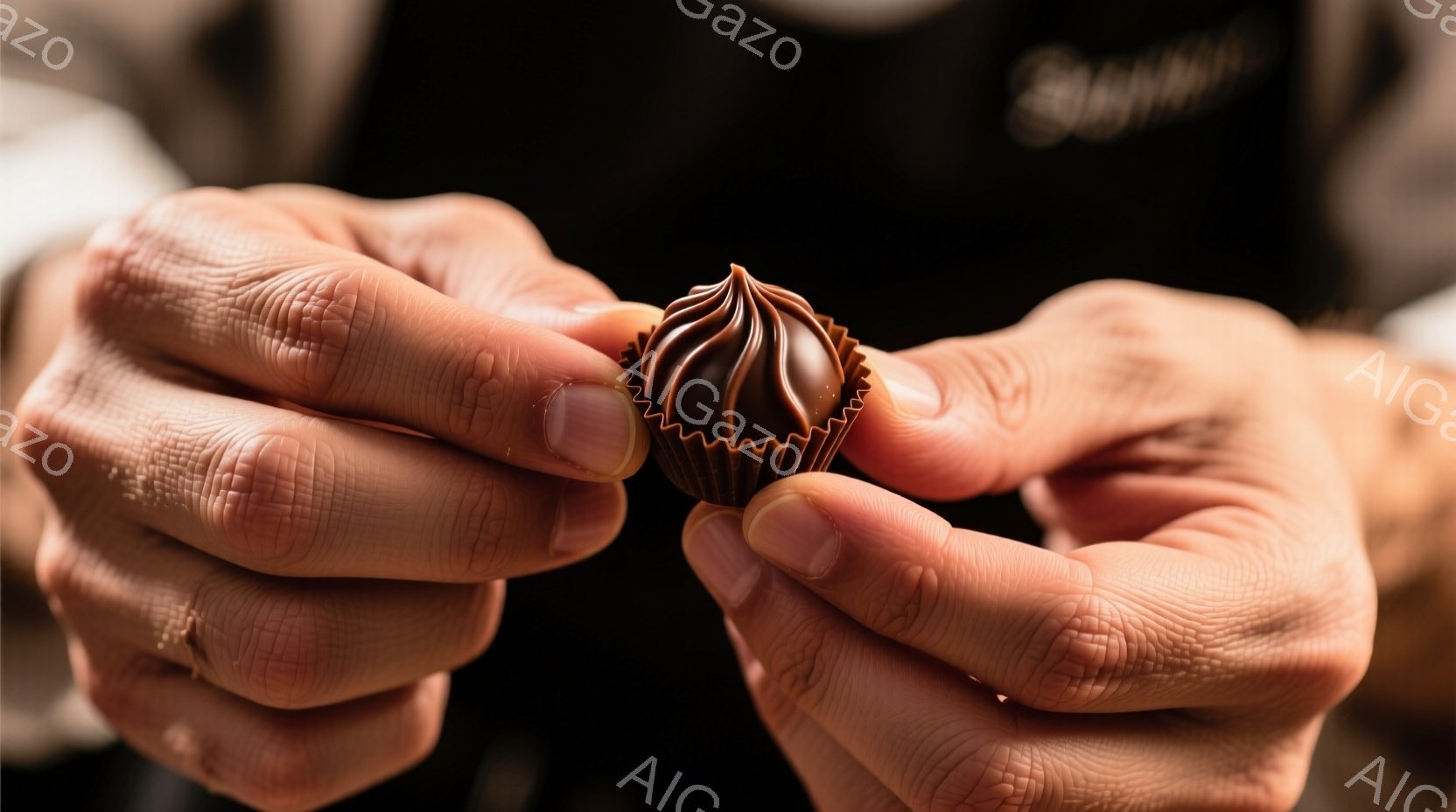 焦げ茶色のチョコレートが、波型の紙製のカップに包まれ、熟練した手によって優しく支えられています。手の持ち主は黒いエプロンを着用しており、その手は作業によって日焼けし、皺が刻まれています。背景はぼやけており、チョコレートの美しさと職人技に焦点を当てた、温かみのある雰囲気です。