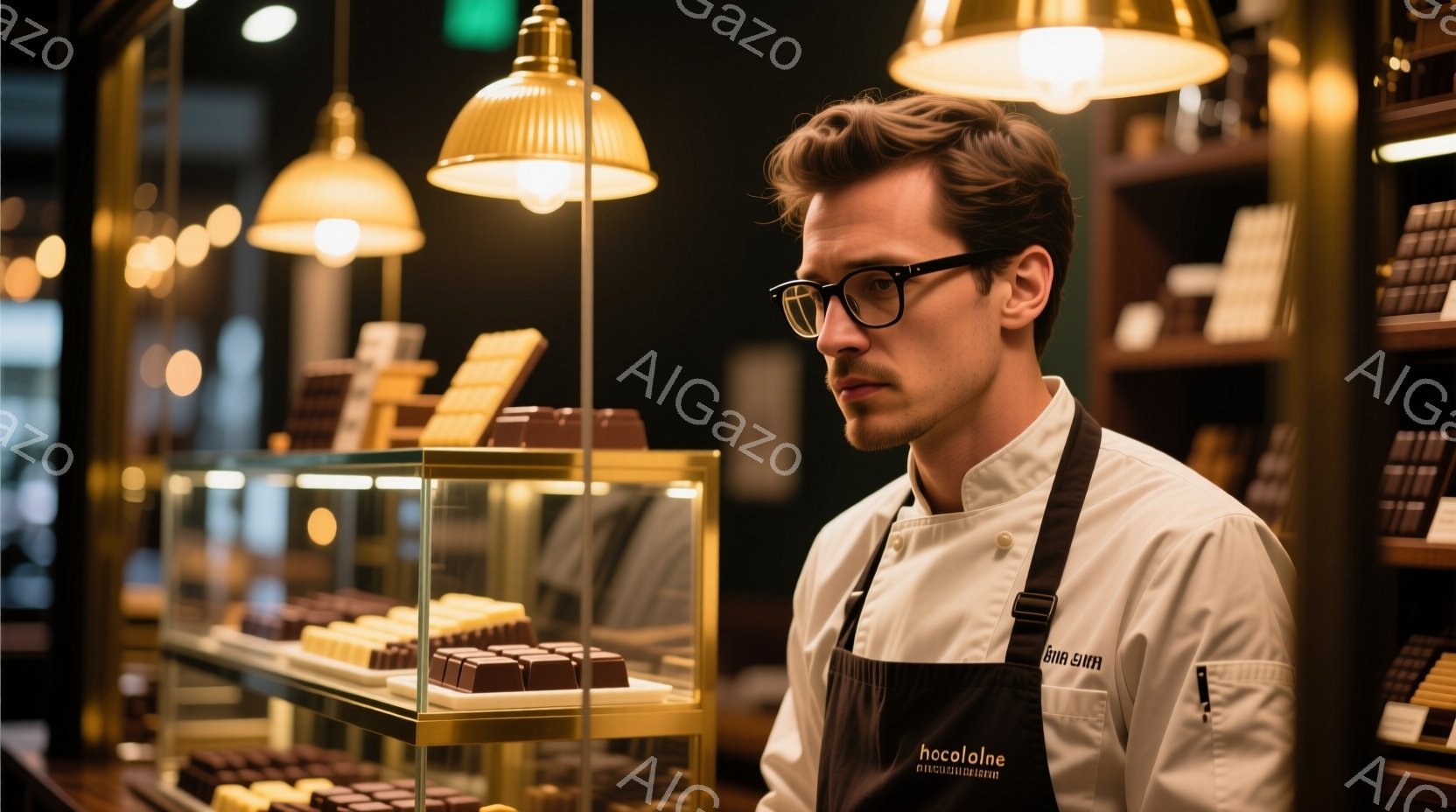 この画像は、整然と並んだチョコレートのショーケースの前で、白い制服と黒いエプロンを着た男性を捉えている。彼は眼鏡をかけ、整った髭と髪を持ち、やや真剣な表情で正面を見ている。背景には、金色の照明が暖かく - AI生成フリー素材