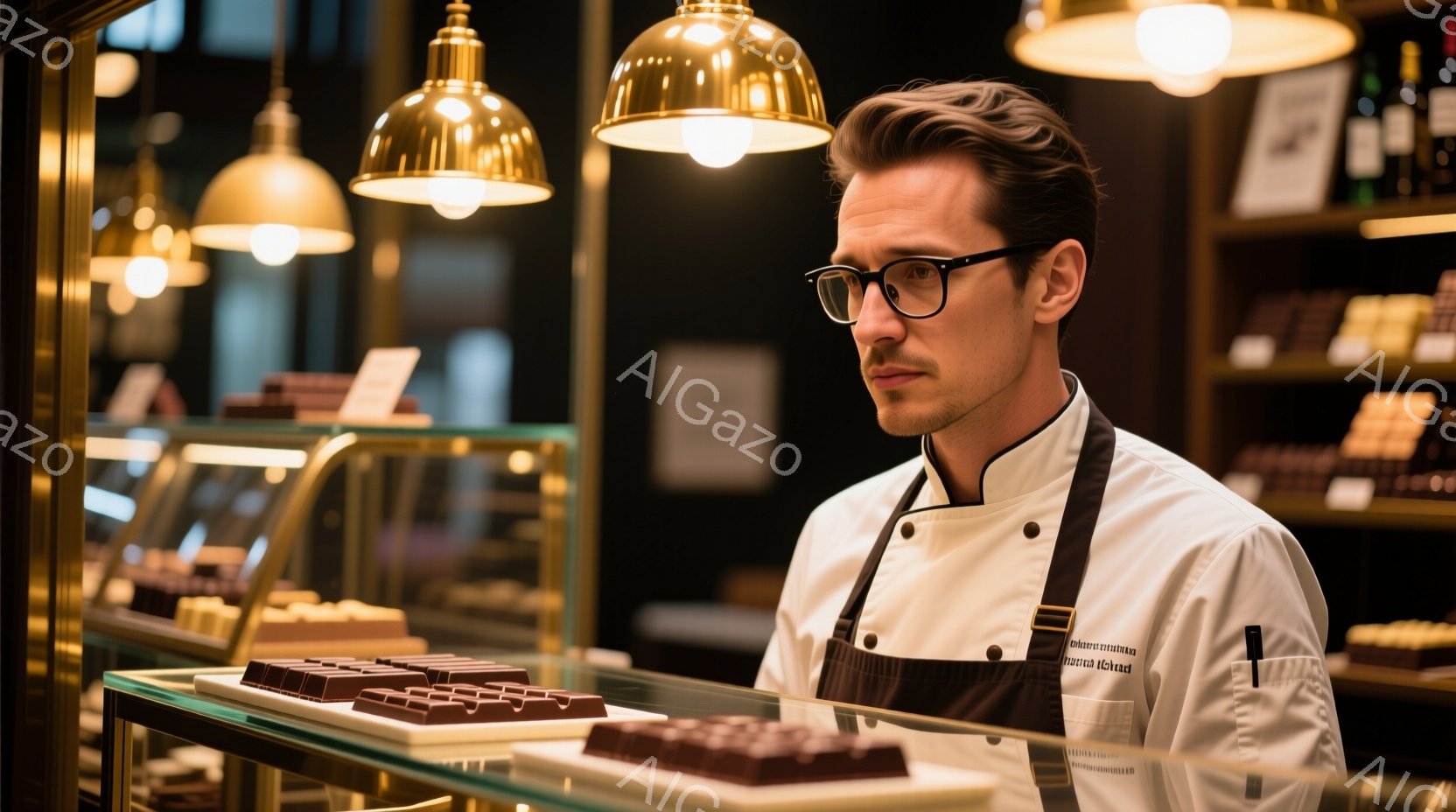 画像には、エプロンとシェフのジャケットを着た男性が写っています。彼は眼鏡をかけ、真剣な表情でチョコレートの陳列ケースを見つめており、姿勢はやや前かがみです。背景には、商品が並んだ棚と、暖色系の照明がぼんやりと見え、落ち着いた雰囲気のチョコレート店であることが伺えます。