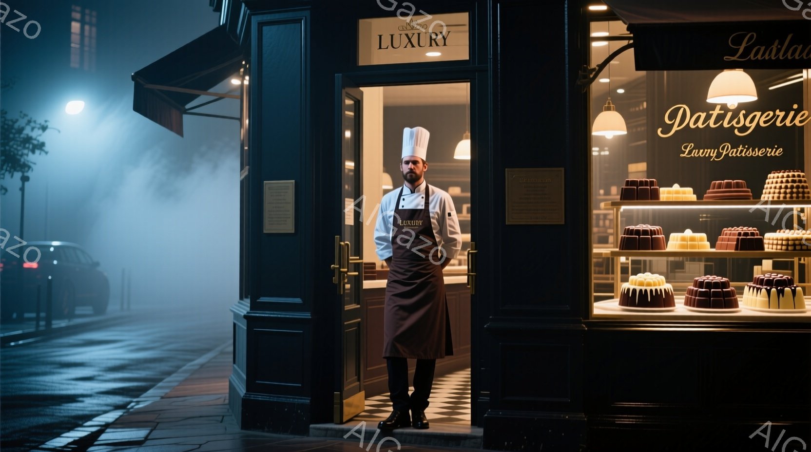 夜の街並みに佇むパティスリーの入り口で、コック帽とエプロンを身につけた男性が立っている。彼は真剣な表情で正面を見据え、堂々とした姿勢を保っている。背景には霧が立ち込め、ショーケースには色とりどりの美しいケーキが並び、高級感と静寂が漂う夜の雰囲気を醸し出している。