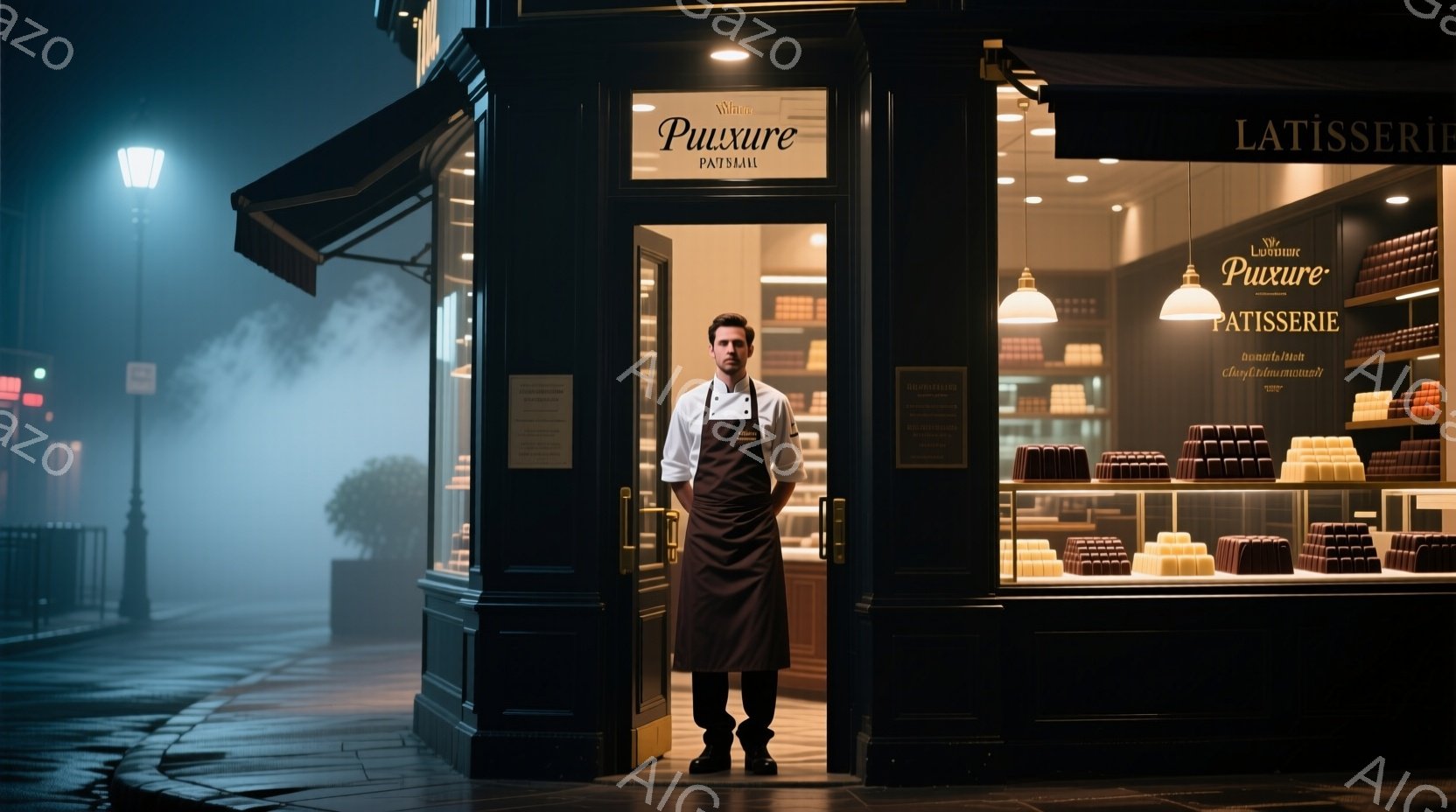 パティシエが紺色のズボンに白いシャツ、茶色のエプロン姿で店の入り口に立っている。彼は真剣な表情で正面を見据え、両手を体の横に自然に下げている。背景は霧に包まれた夜の街並みで、店の看板には「Puxure Patisserie」と書かれ、ショーケースには整然と焼き菓子が並べられている。