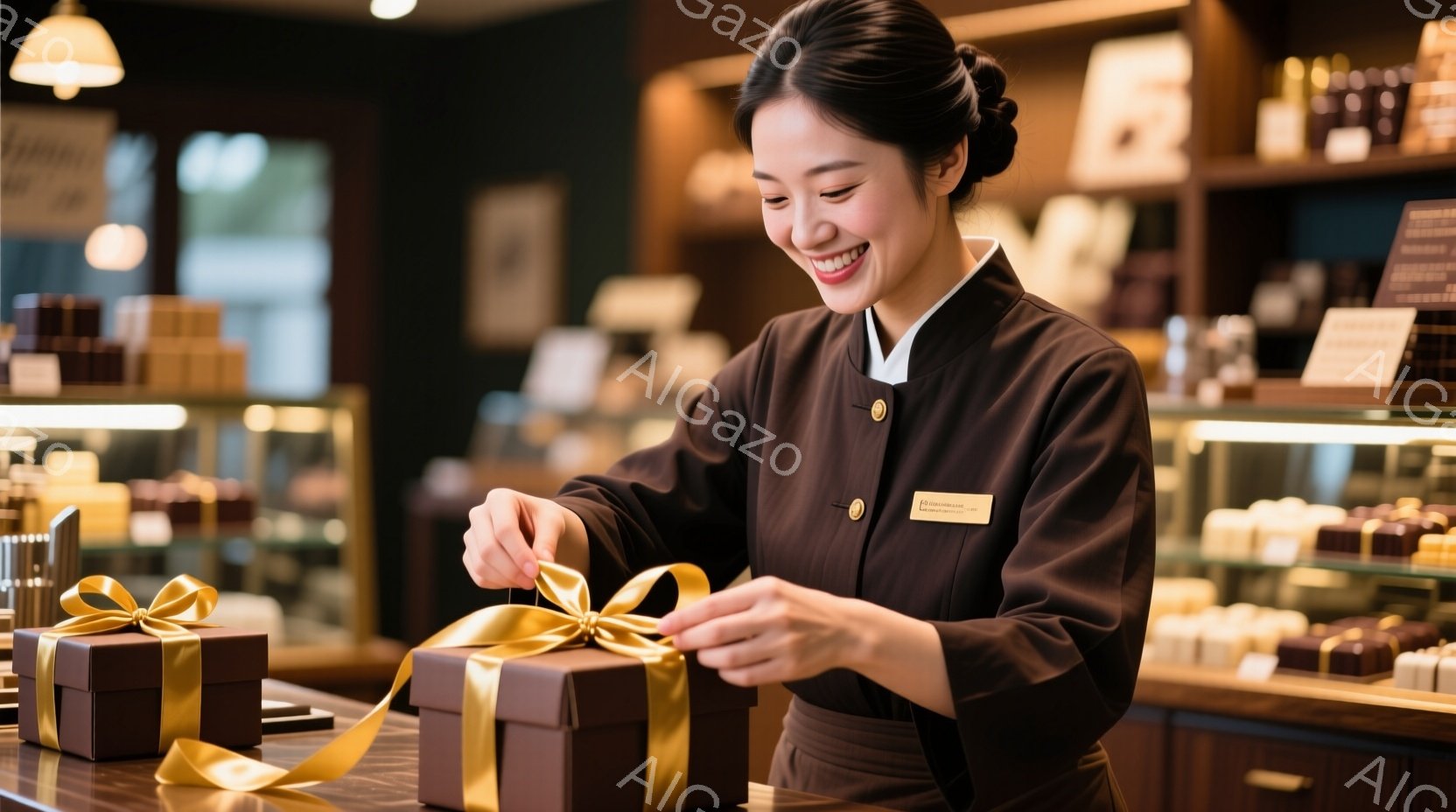 茶色い制服を着た女性が、ギフトボックスに金色のリボンを結んでいます。彼女は微笑んでおり、髪は後ろでまとめています。背景には、チョコレートが並んだショーケースと、落ち着いた雰囲気の店内の様子が見えます。 - AI生成フリー素材