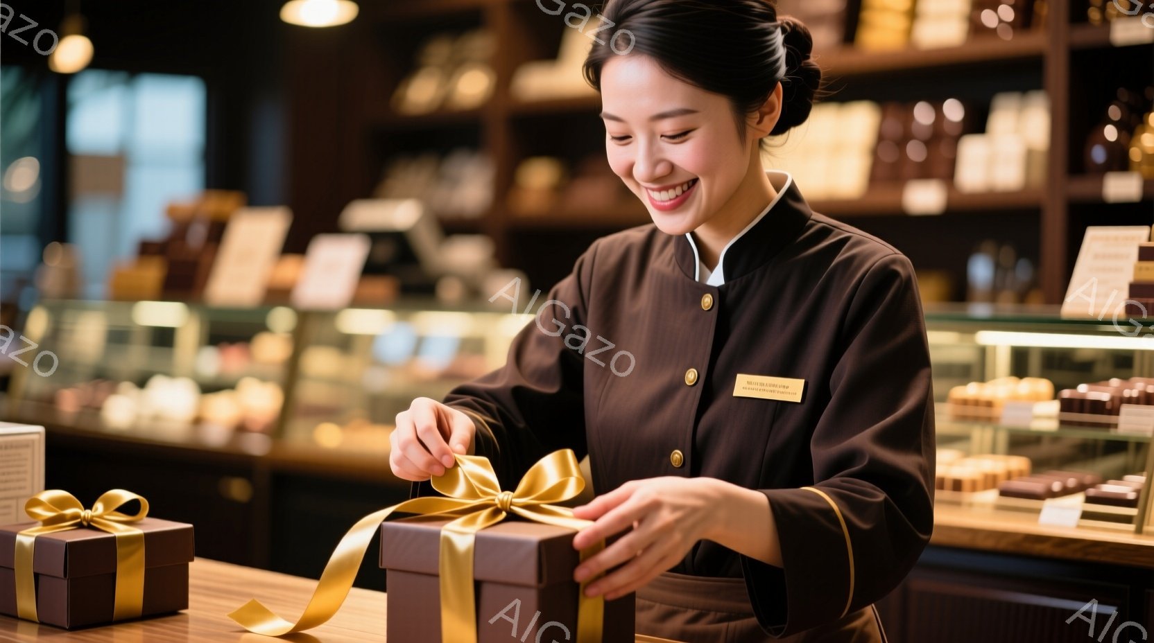 茶色の制服を着た女性が、茶色のギフトボックスに金色のリボンを結んでいます。彼女は微笑んでおり、真剣かつ丁寧に作業に取り組んでいます。背景には、チョコレートでいっぱいのショーケースが並び、高級感のあるチ - AI生成フリー素材