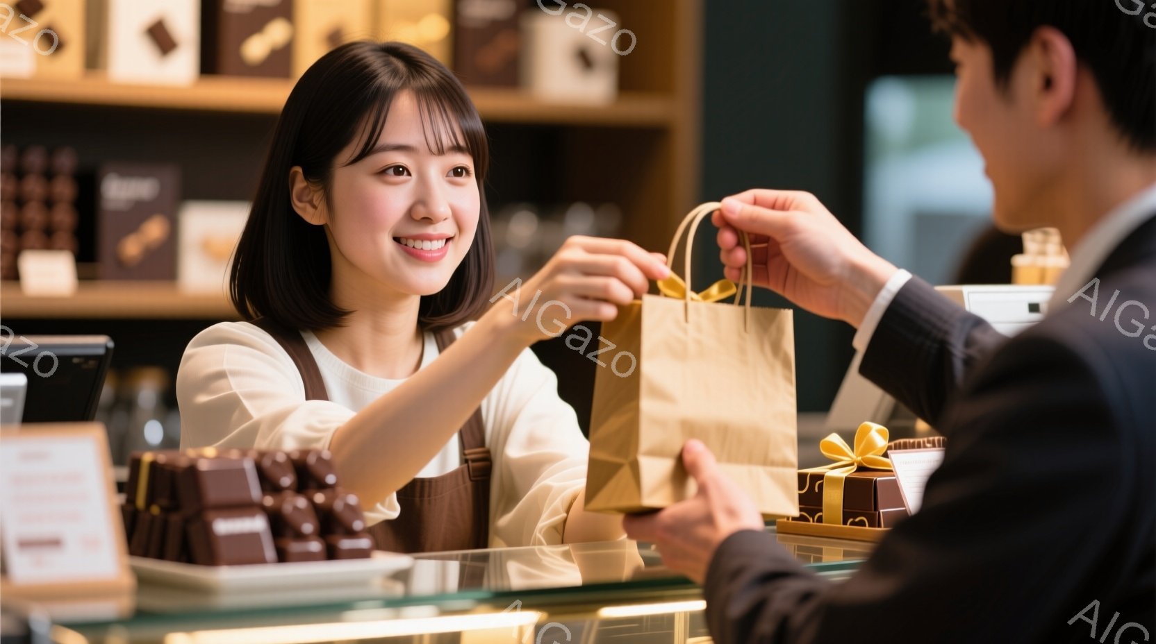 店員と思われる若い女性が、お客様に紙袋を手渡している場面だ。彼女は茶色の前掛けを着ており、髪は肩にかかる長さで内側にカールしている。笑顔で、お客様は紺色のスーツを着ており、紙袋を受け取ろうとしている。