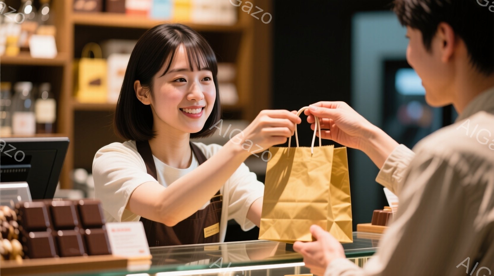 店員と思われる女性が、茶色の紙袋を客に手渡している場面です。彼女は明るい笑顔で、前髪を少し短くしたブラウンのヘアスタイルで、ベージュ色のエプロンを着用しています。背景にはチョコレートが並んだショーケースとレジがあり、店内は暖色系の照明で落ち着いた雰囲気が漂っています。