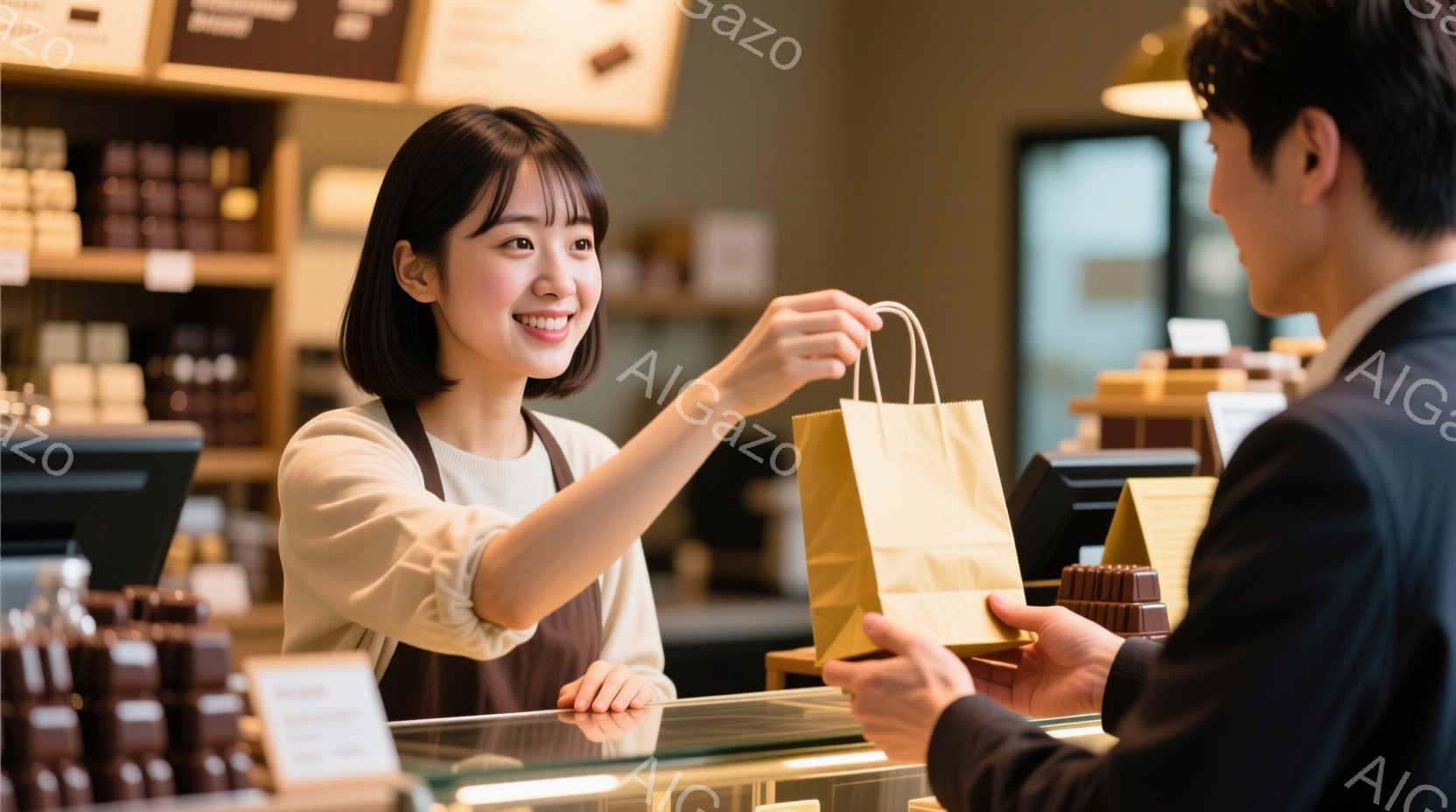 若い女性店員が、茶色の紙袋を男性客に手渡そうとしている場面だ。女性は明るい笑顔で、ベージュのセーターとエプロンを着用し、ショートヘアで整髪されている。背景にはチョコレートが並んだ棚が見え、店内の明るく清潔な雰囲気が伝わる。