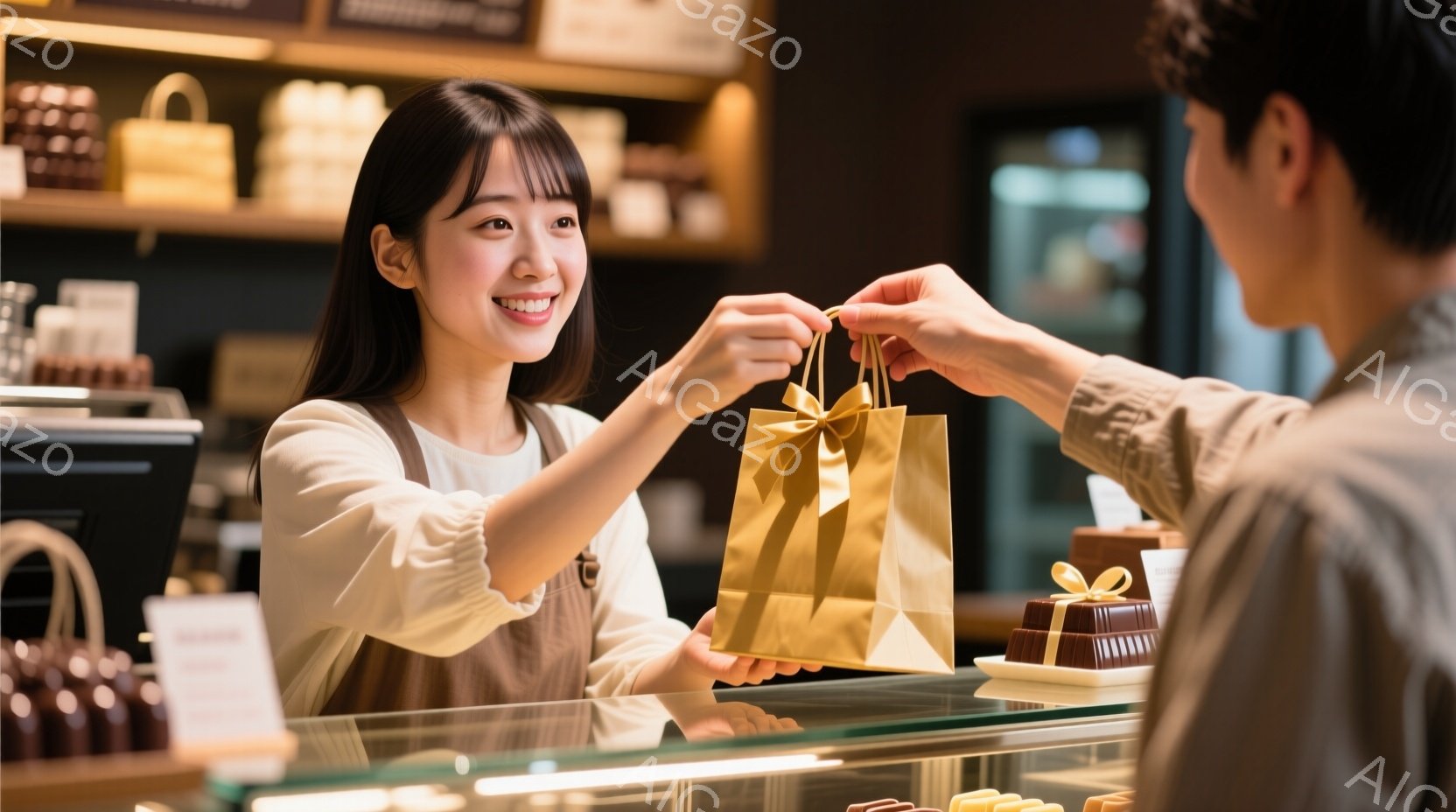 女性店員が、お客様に金色のギフトバッグを手渡している場面です。彼女はベージュのエプロンを身に着け、笑顔でバッグを差し出しています。背景にはチョコレートが並んだショーケースがあり、店内は明るく上品な雰囲気です。