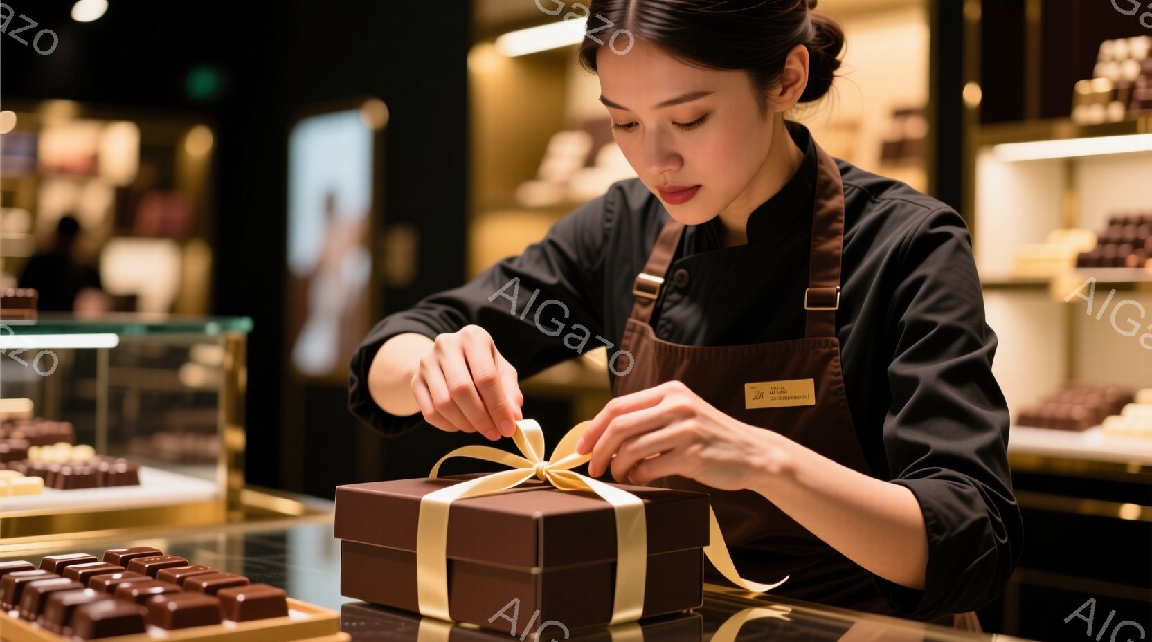 女性がチョコレートのギフトボックスにリボンを結んでいます。彼女は黒いエプロンとシャツを着ており、髪は後ろでまとめています。背景にはチョコレートが並んだショーケースが見え、店内は落ち着いた照明で高級感の - AI生成フリー素材