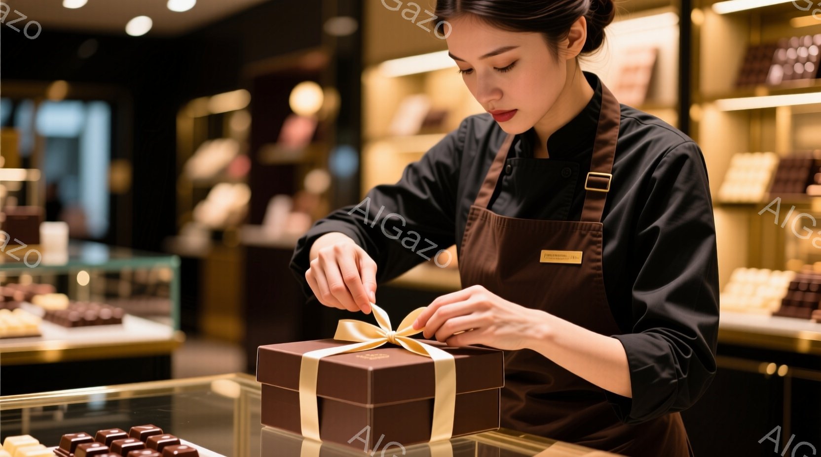 茶色のギフトボックスにリボンを結ぶ女性が写っている。彼女は黒いエプロンと長袖のシャツを着ており、髪は後ろでまとめられている。背景にはチョコレートが並んだショーケースがあり、店内は暖色系の照明で照らされ - AI生成フリー素材