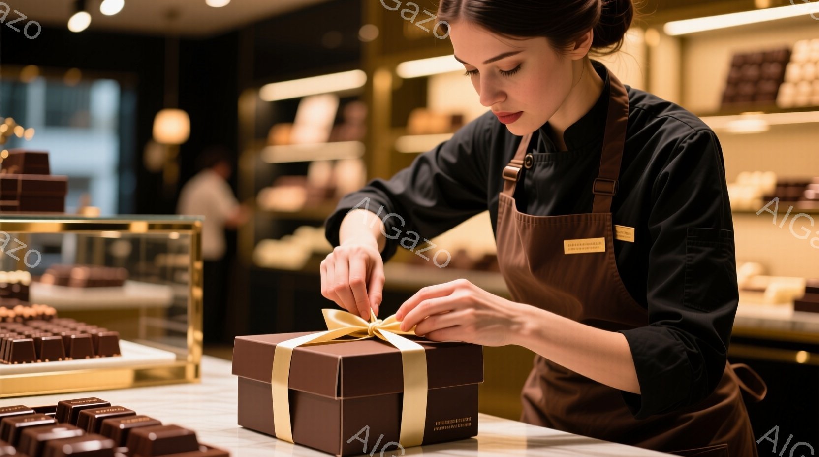 茶髪を後ろで束ねた女性が、茶色の箱にリボンを結んでいます。彼女は黒いシャツと茶色のエプロンを着ており、集中した表情で丁寧に作業を進めています。背景にはチョコレートが並んだショーケースが見え、高級感のあ - AI生成フリー素材
