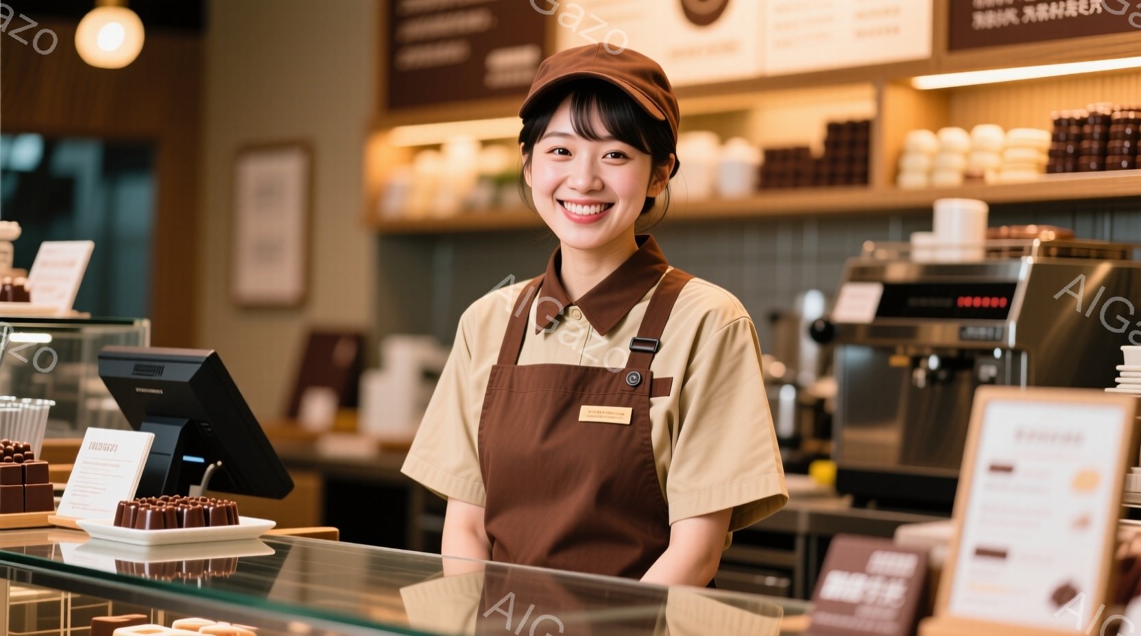 明るい笑顔の女性がチョコレート店のカウンターに立っています。ベージュのシャツに茶色のエプロンをつけ、茶色の帽子をかぶった彼女は、親しみやすい印象を与えます。背景にはチョコレートが並び、暖色系の照明が店内の雰囲気を温かく演出しています。