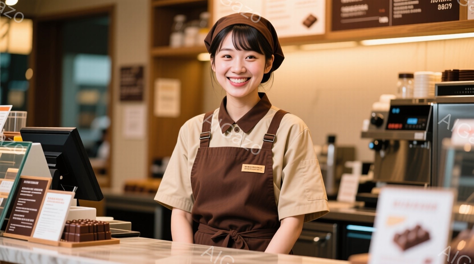 明るい笑顔の女性が、チョコレート店のカウンターに立っている。ベージュ色のシャツに茶色のエプロンを着用し、頭には同じ茶色のスカーフを巻いている。背景には商品が並んだ棚やレジがあり、店内は暖色系の照明で明 - AI生成フリー素材