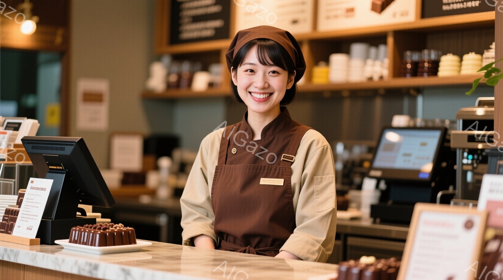 明るい笑顔の女性が、チョコレート店のカウンターに立っています。ベージュのブラウスに茶色のエプロンをつけ、ヘアバンドで前髪を留めた髪型です。背景には、様々なチョコレート製品が並んだ棚と、レジがあり、店内 - AI生成フリー素材