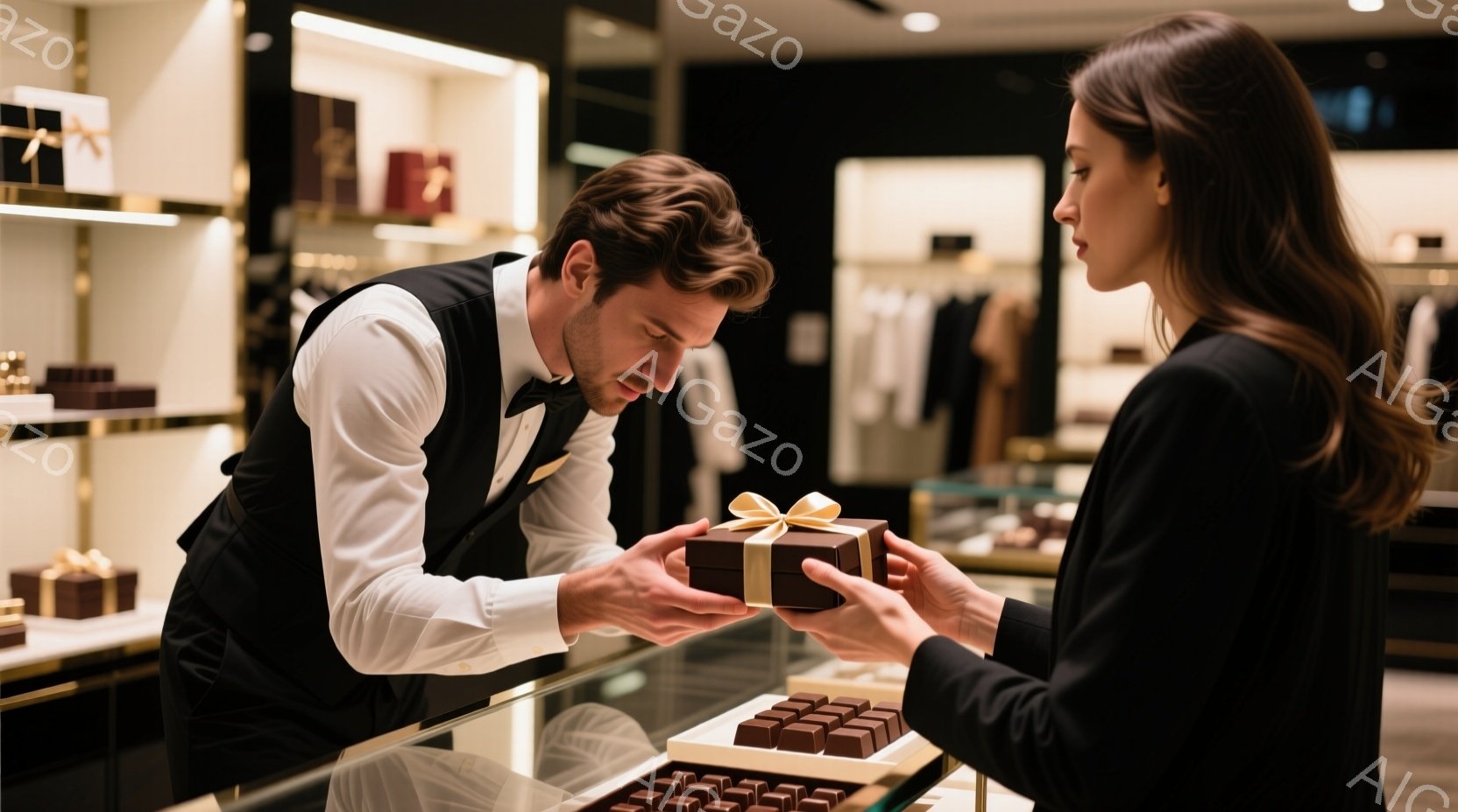 一人の男性店員が、包装されたチョコレートの箱を女性客に渡しています。男性は白いシャツにベスト、黒いズボンという服装で、整髪されており、少し身を乗り出して丁寧にチョコレートを差し出しています。背景にはチョコレートが並んだショーケースと、モダンな内装の店舗が見え、上品で洗練された雰囲気が漂っています。