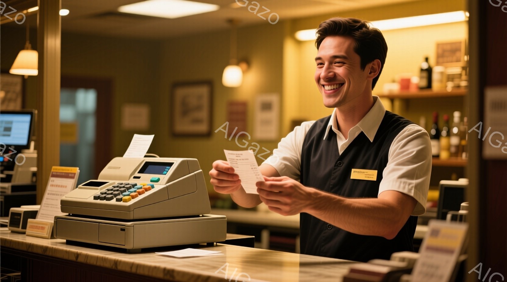 明るい笑顔を浮かべた男性が、レジでお釣りを数えている様子が写っている。黒いベストと白いシャツを着ており、胸元には黄色い名札が光る。背景には、木製のカウンターや壁に掛けられた絵画が見え、暖かく落ち着いた雰囲気の店内でサービスを提供していることがわかる。