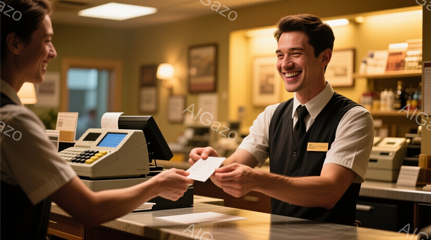 カウンター越しに、笑顔の男性店員が女性客に何かを渡している場面です。男性は黒いベストと白いシャツ姿で、胸には名前入りのタグがついています。背景には商品が並んだ棚があり、暖色系の照明で落ち着いた雰囲気が漂っています。