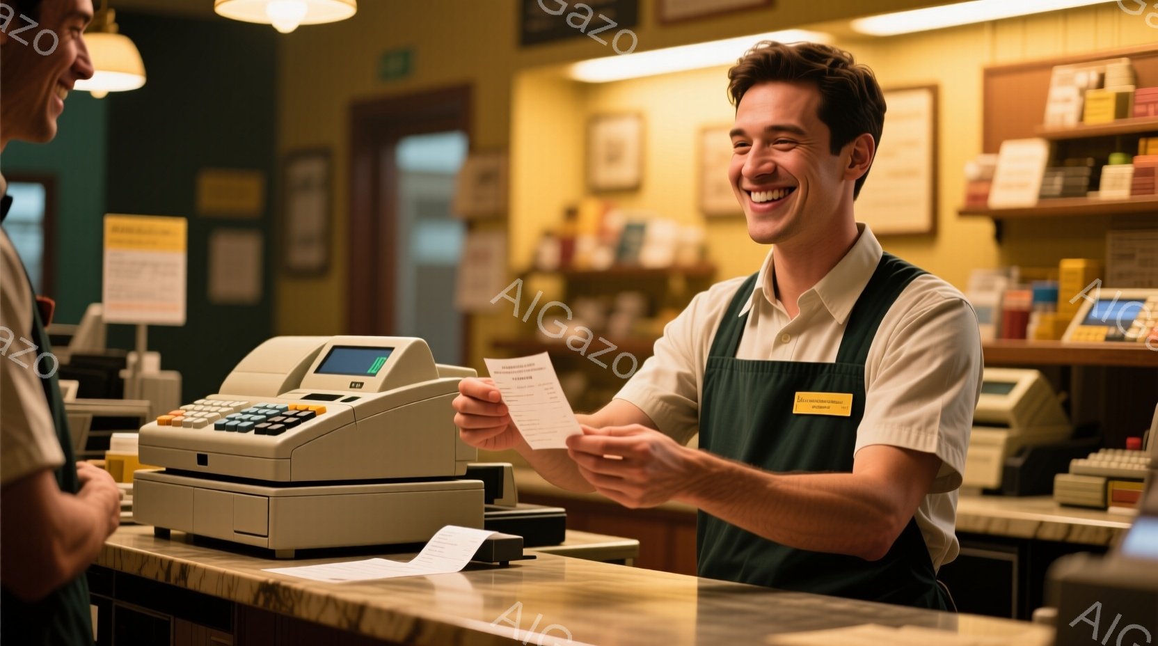 若い男性がレジカウンターでレシートを受け取り、笑顔を浮かべている。彼は緑色のエプロンとベージュのシャツを着ており、髪は短く整えられている。背景にはレジや商品が並び、温かみのある照明が店内に広がっており、親しみやすい雰囲気が漂っている。