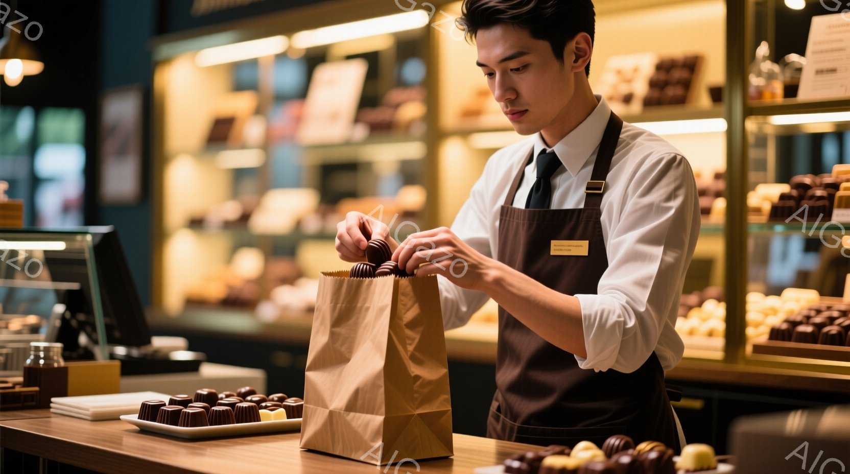 店員は、茶色のエプロンと白のシャツ、ネクタイ姿で、紙袋にチョコレートを詰めています。彼は真剣な表情で、丁寧にチョコレートを並べようとしています。背景には、様々なチョコレートが並んだショーケースがあり、店内は落ち着いた雰囲気です。